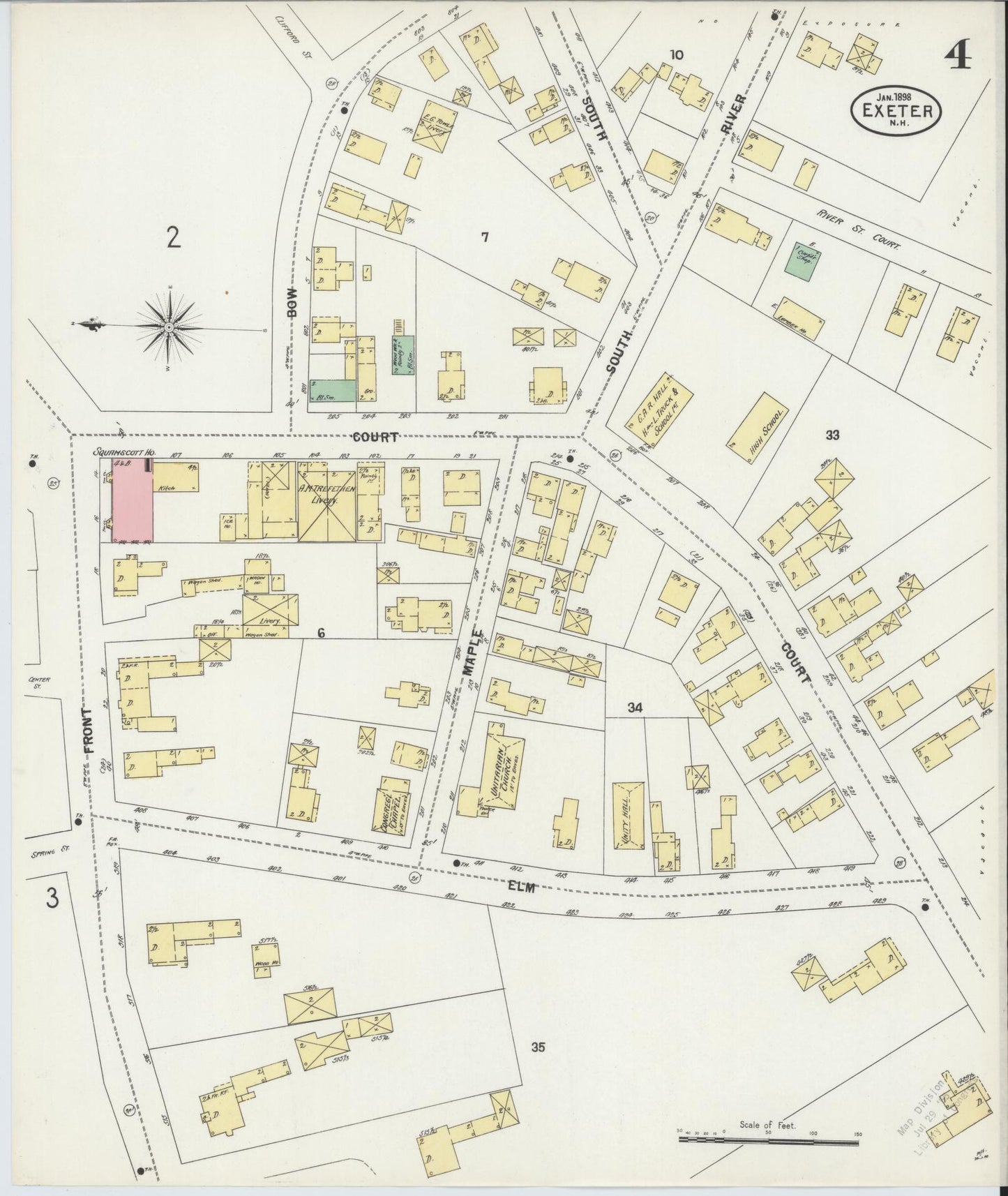 Sanborn Fire Insurance Map from Exeter, Rockingham County, New Hampshire (1898), Sheet #0004 - Historic Sanborn Fire Insurance Map Print, vintage old map wall art, antique decor, genealogy gift, New Hampshire New Hampshire map