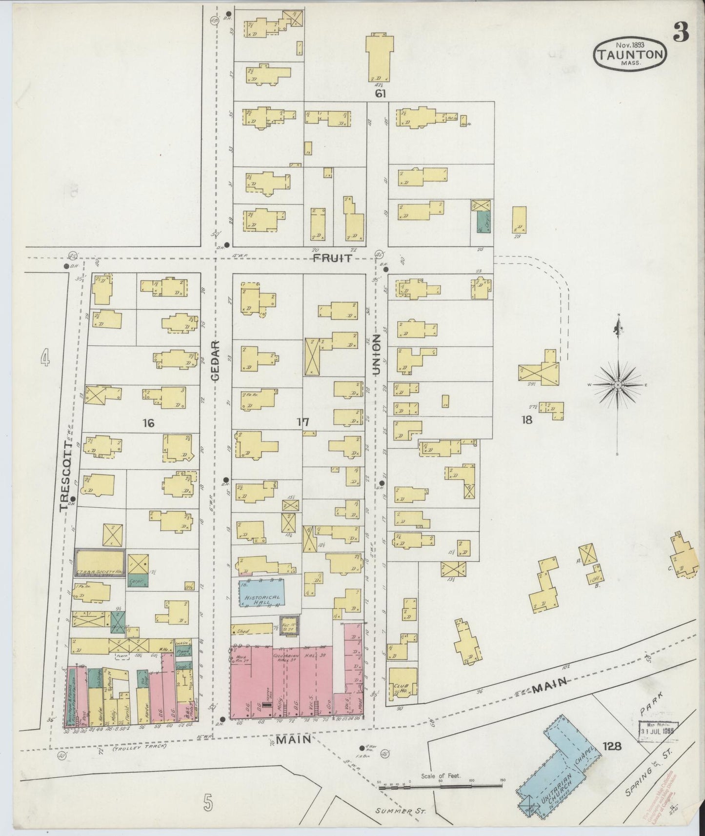 Sanborn Fire Insurance Map from Taunton, Bristol County, Massachusetts (1893), Sheet #0003 - Historic Sanborn Fire Insurance Map Print, vintage old map wall art, antique decor, genealogy gift, Massachusetts Massachusetts map