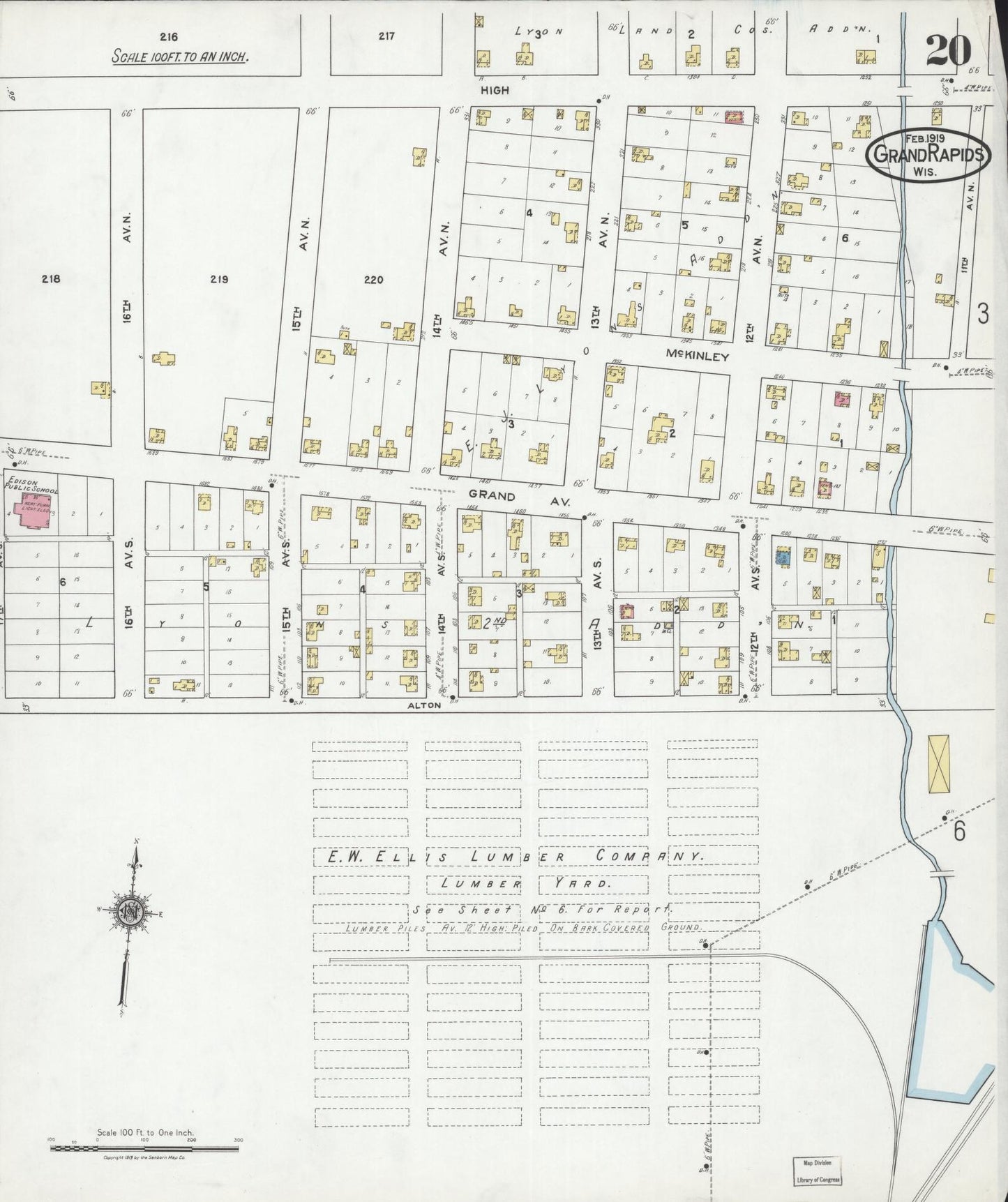 Sanborn Fire Insurance Map from Grand Rapids, Wood County, Wisconsin (1919), Sheet #0020 - Historic Sanborn Fire Insurance Map Print, vintage old map wall art, antique decor, genealogy gift, Wisconsin Wisconsin map