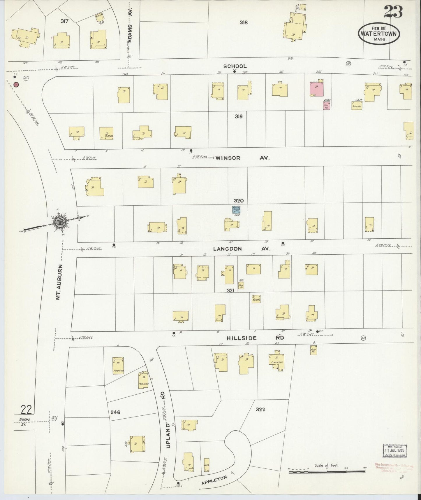 Sanborn Fire Insurance Map from Watertown, Middlesex County, Massachusetts (1911), Sheet #0023 - Historic Sanborn Fire Insurance Map Print, vintage old map wall art, antique decor, genealogy gift, Massachusetts Massachusetts map