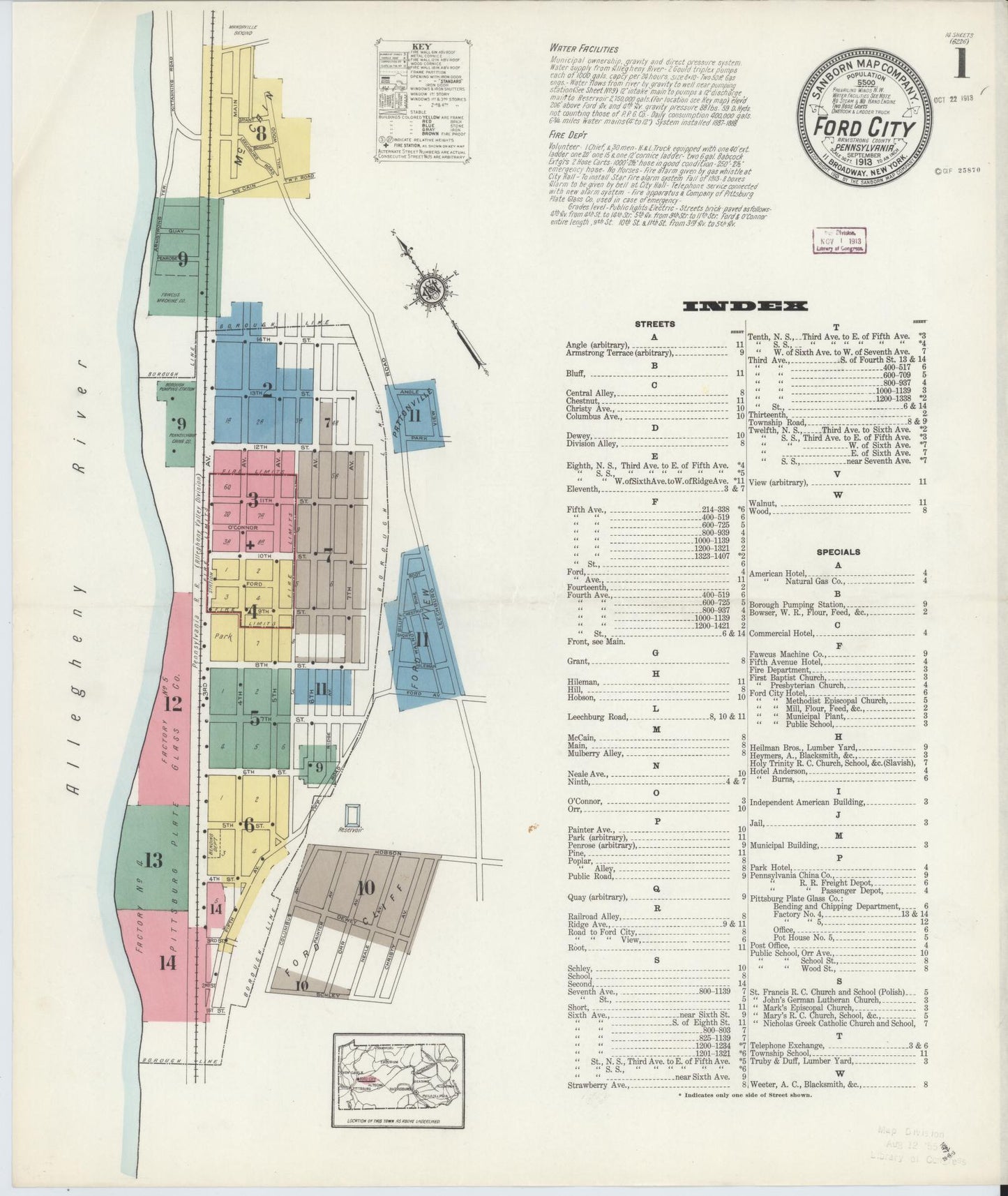 Sanborn Fire Insurance Map from Ford City, Armstrong County, Pennsylvania (1913), Sheet #0001 - Historic Sanborn Fire Insurance Map Print, vintage old map wall art, antique decor, genealogy gift, Pennsylvania Pennsylvania map