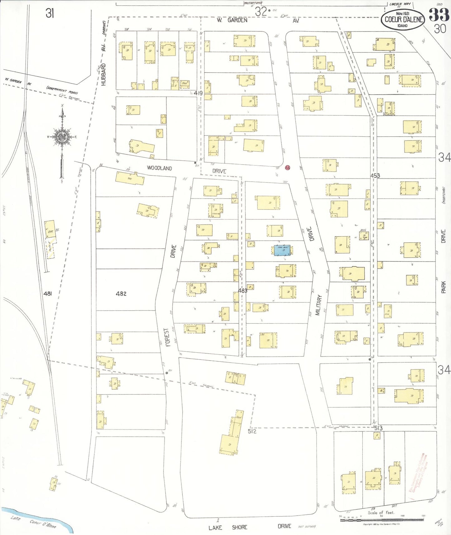 Sanborn Fire Insurance Map from Coeur D'alene, Kootenai County, Idaho (1921), Sheet #0033 - Historic Sanborn Fire Insurance Map Print, vintage old map wall art, antique decor, genealogy gift, Idaho Idaho map