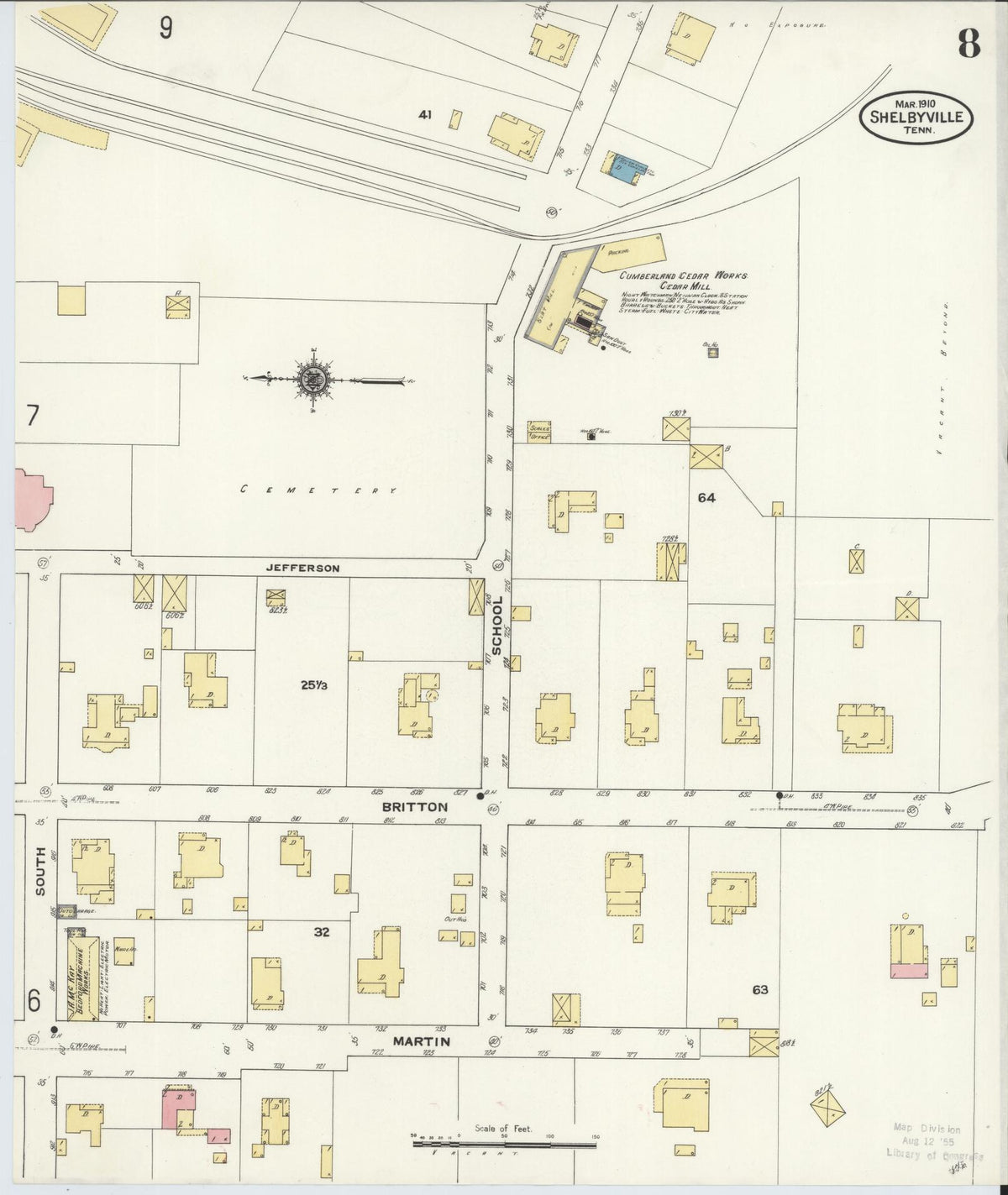 Sanborn Fire Insurance Map from Shelbyville, Bedford County, Tennessee (1910), Sheet #0008 - Historic Sanborn Fire Insurance Map Print, vintage old map wall art, antique decor, genealogy gift, Tennessee Tennessee map