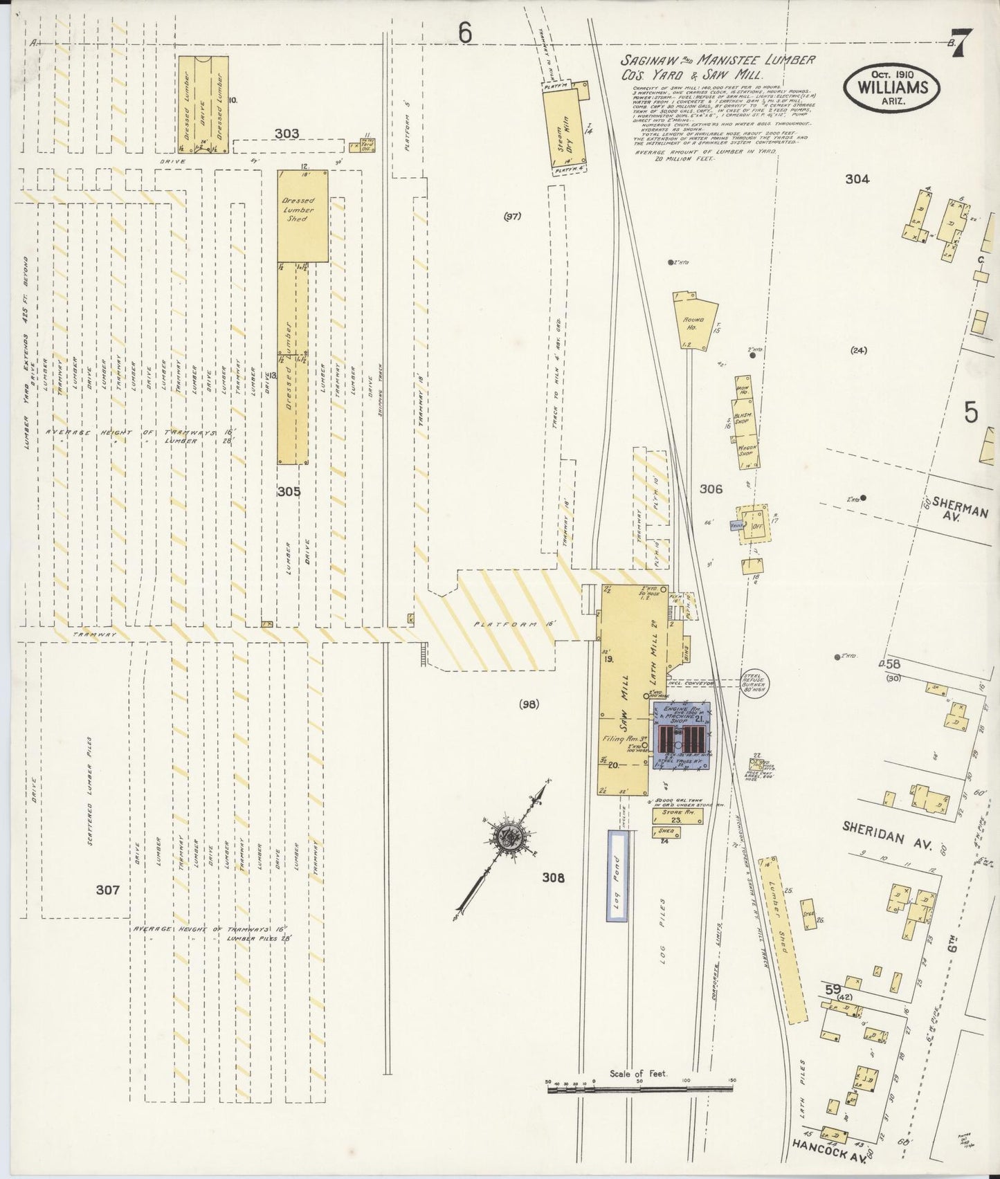 Sanborn Fire Insurance Map from Williams, Coconino County, Arizona (1910), Sheet #0007 - Historic Sanborn Fire Insurance Map Print, vintage old map wall art, antique decor, genealogy gift, Arizona Arizona map