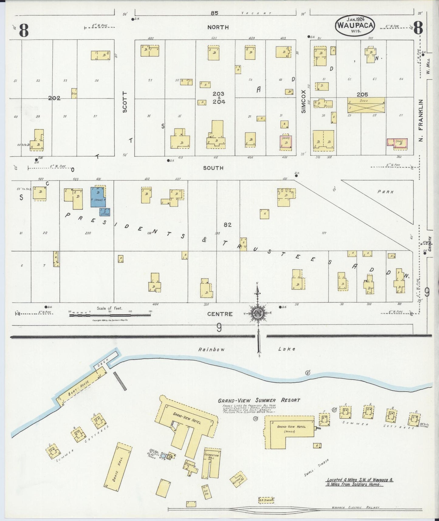 Sanborn Fire Insurance Map from Waupaca, Waupaca County, Wisconsin (1924), Sheet #0008 - Historic Sanborn Fire Insurance Map Print, vintage old map wall art, antique decor, genealogy gift, Wisconsin Wisconsin map
