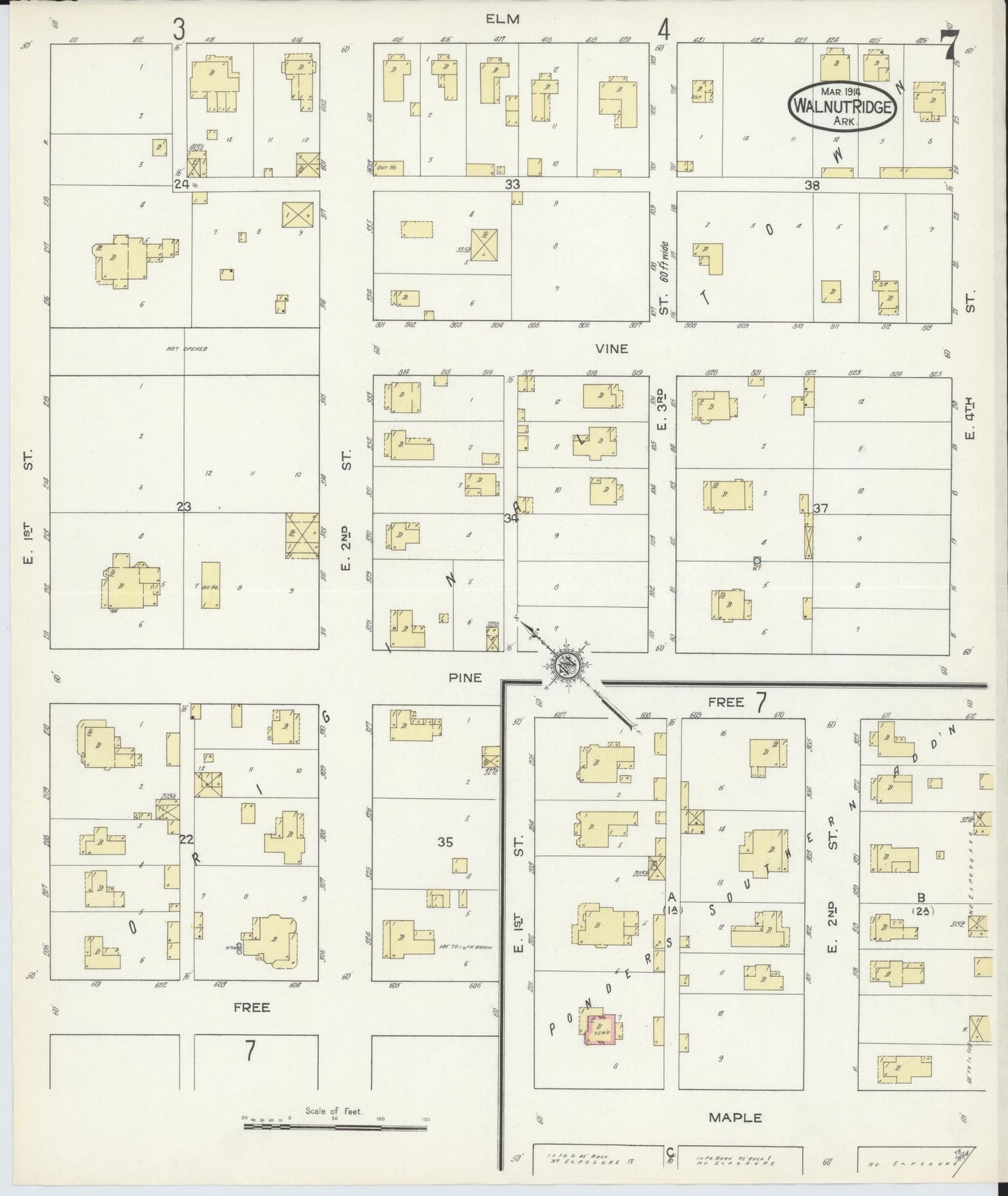 Sanborn Fire Insurance Map from Walnut Ridge, Lawrence County, Arkansas (1914), Sheet #0007 - Historic Sanborn Fire Insurance Map Print, vintage old map wall art, antique decor, genealogy gift, Arkansas Arkansas map