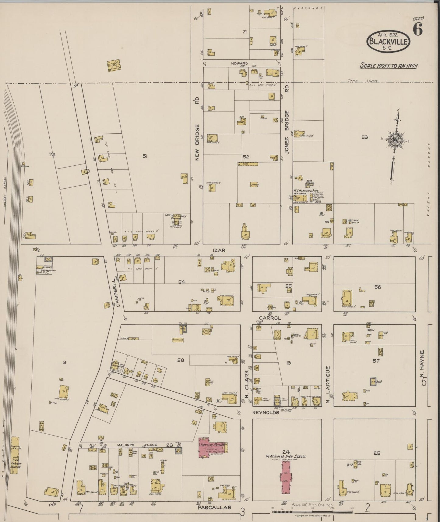 Sanborn Fire Insurance Map from Blackville, Barnwell County, South Carolina (1922), Sheet #0006 - Historic Sanborn Fire Insurance Map Print, vintage old map wall art, antique decor, genealogy gift, South Carolina South Carolina map