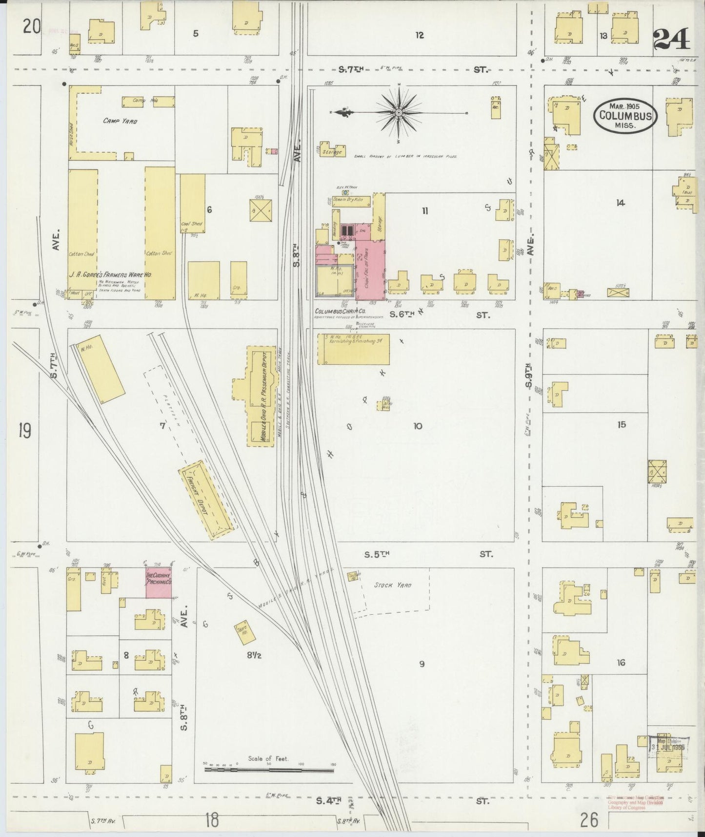 Sanborn Fire Insurance Map from Columbus, Lowndes County, Mississippi (1905), Sheet #0024 - Historic Sanborn Fire Insurance Map Print, vintage old map wall art, antique decor, genealogy gift, Mississippi Mississippi map