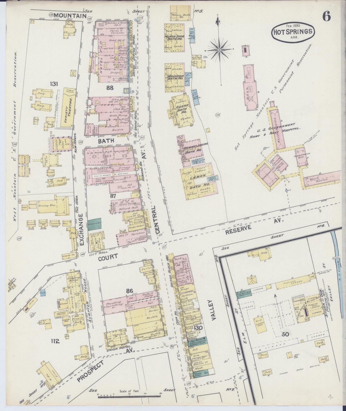 Sanborn Fire Insurance Map from Hot Springs, Garland County, Arkansas (1890), Sheet #0006 - Historic Sanborn Fire Insurance Map Print, vintage old map wall art, antique decor, genealogy gift, Arkansas Arkansas map