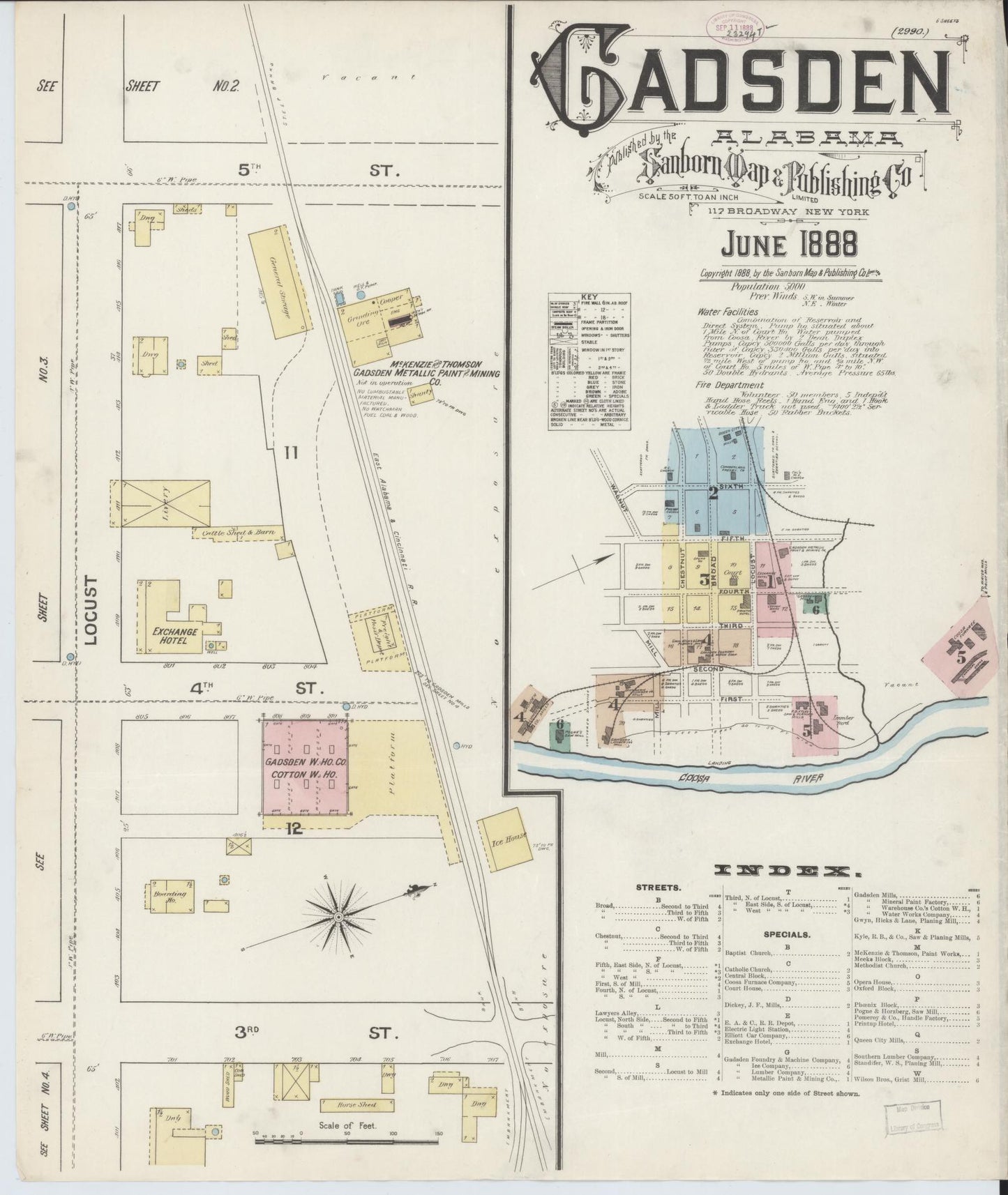 Sanborn Fire Insurance Map from Gadsden, Etowah County, Alabama (1888), Sheet #0001 - Historic Sanborn Fire Insurance Map Print, vintage old map wall art, antique decor, genealogy gift, Alabama Alabama map