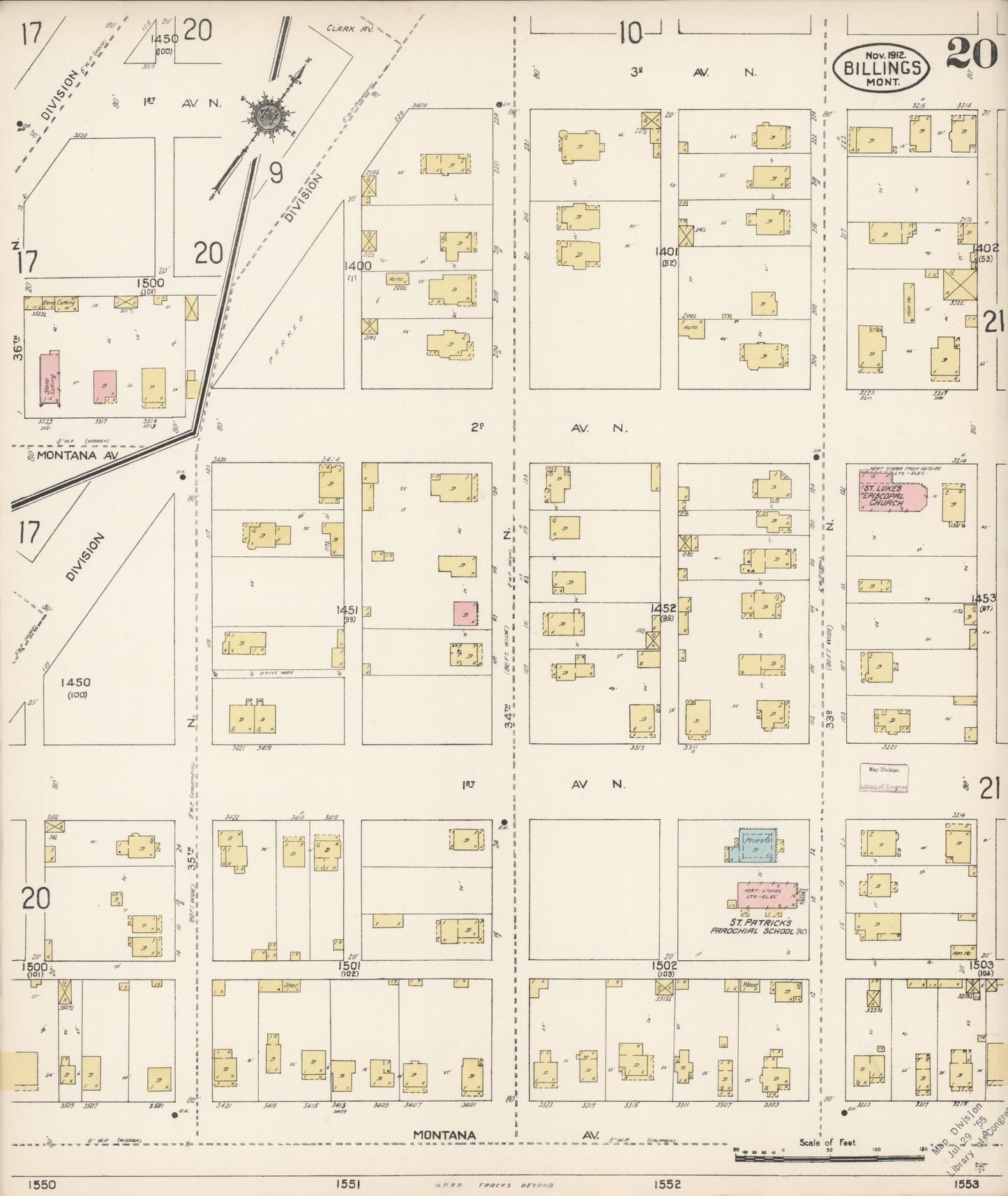 Sanborn Fire Insurance Map from Billings, Yellowstone County, Montana (1912), Sheet #0020 - Historic Sanborn Fire Insurance Map Print, vintage old map wall art, antique decor, genealogy gift, Montana Montana map