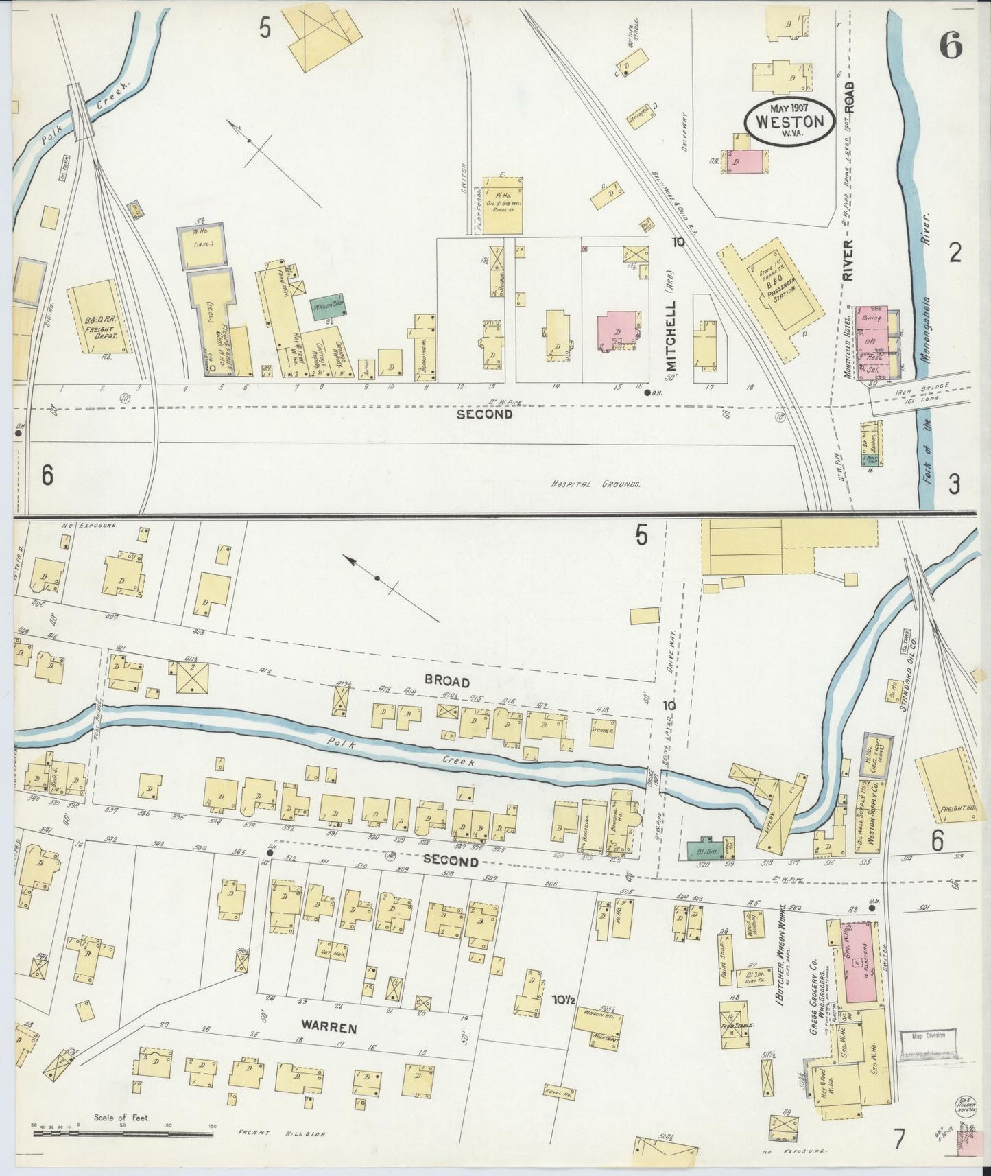 Sanborn Fire Insurance Map from Weston, Lewis County, West Virginia (1907), Sheet #0006 - Historic Sanborn Fire Insurance Map Print, vintage old map wall art, antique decor, genealogy gift, West Virginia West Virginia map