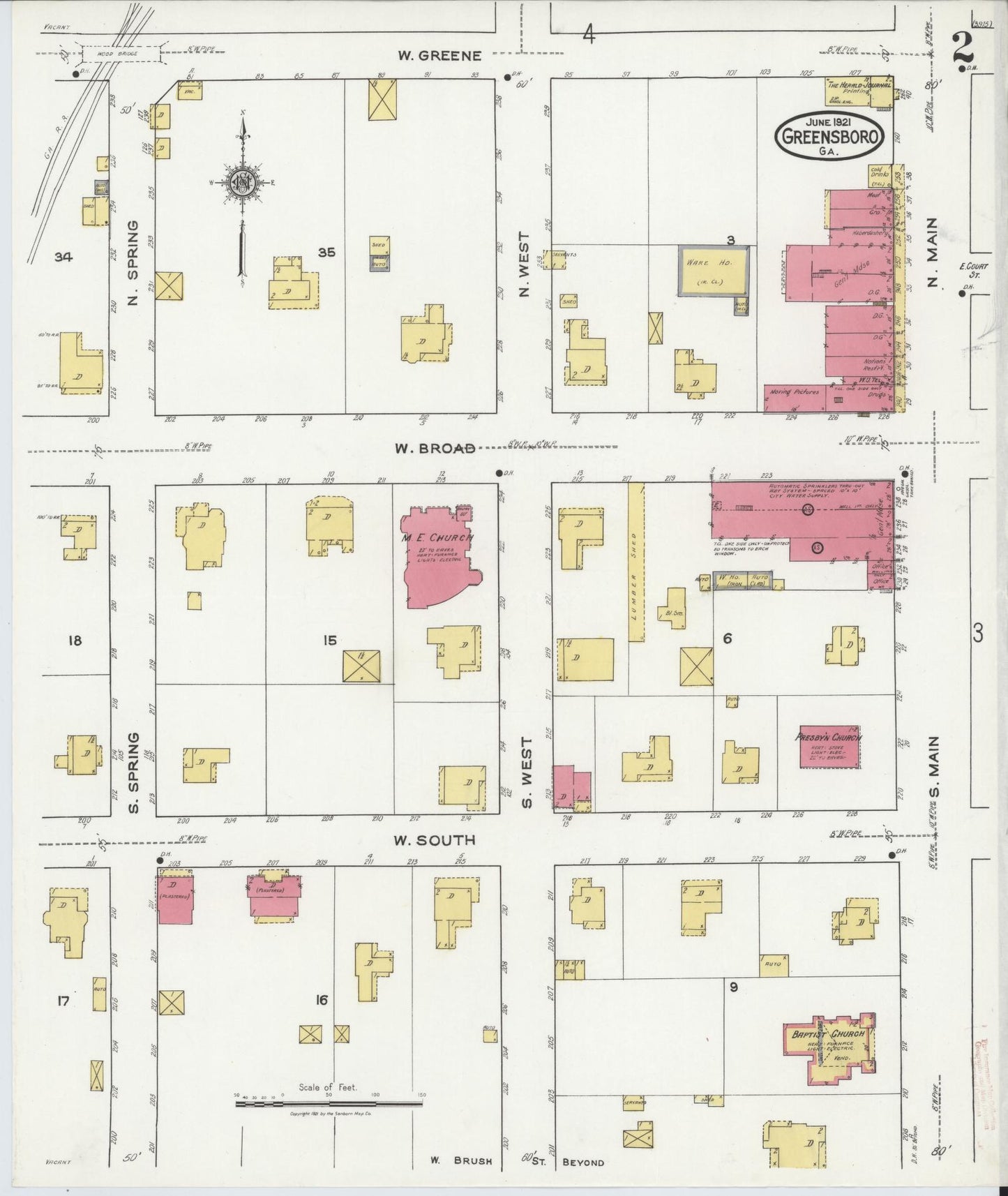 Sanborn Fire Insurance Map from Greensboro, Greene County, Georgia (1921), Sheet #0002 - Historic Sanborn Fire Insurance Map Print, vintage old map wall art, antique decor, genealogy gift, Georgia Georgia map