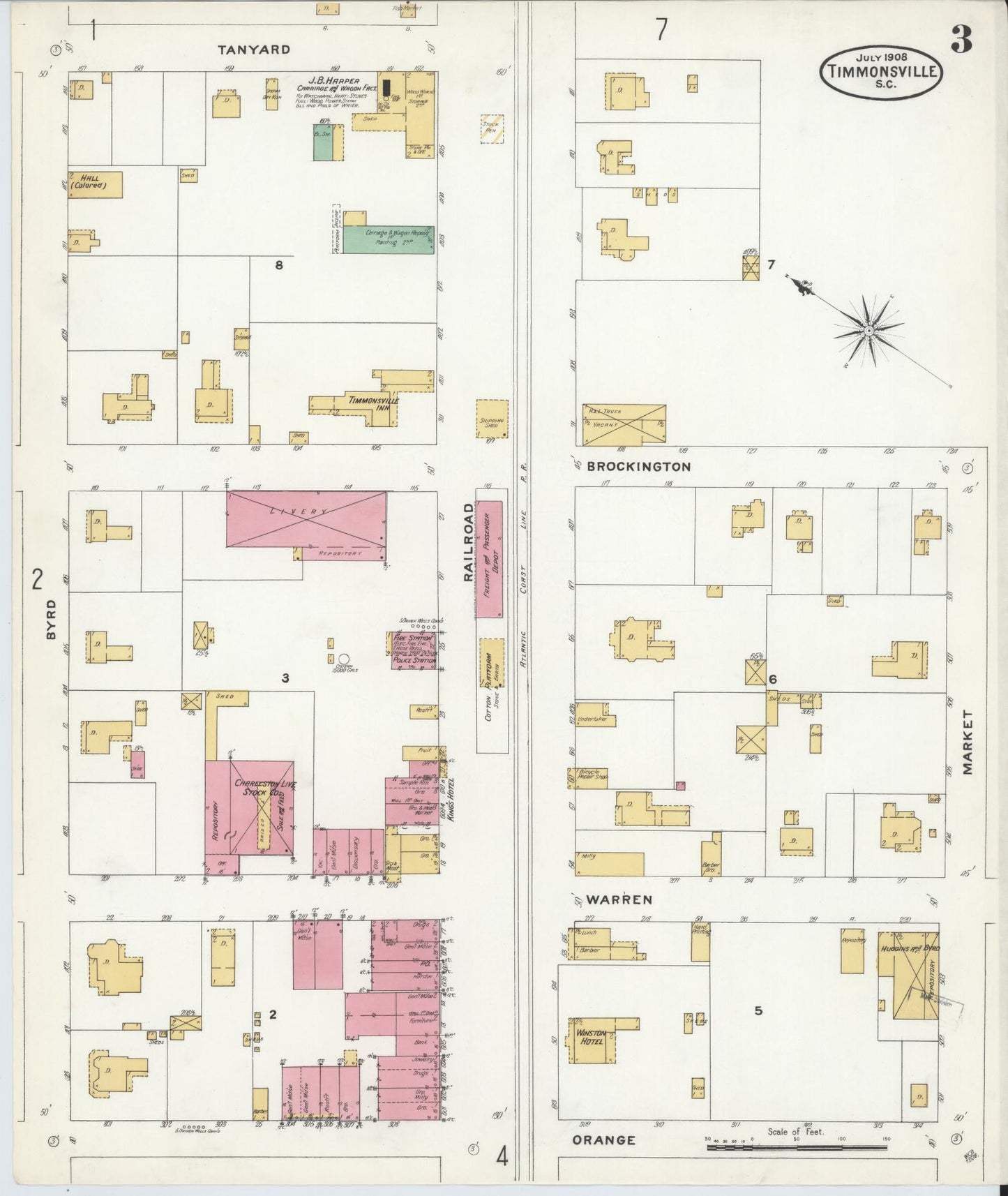Sanborn Fire Insurance Map from Timmonsville, Florence County, South Carolina (1908), Sheet #0003 - Historic Sanborn Fire Insurance Map Print, vintage old map wall art, antique decor, genealogy gift, South Carolina South Carolina map