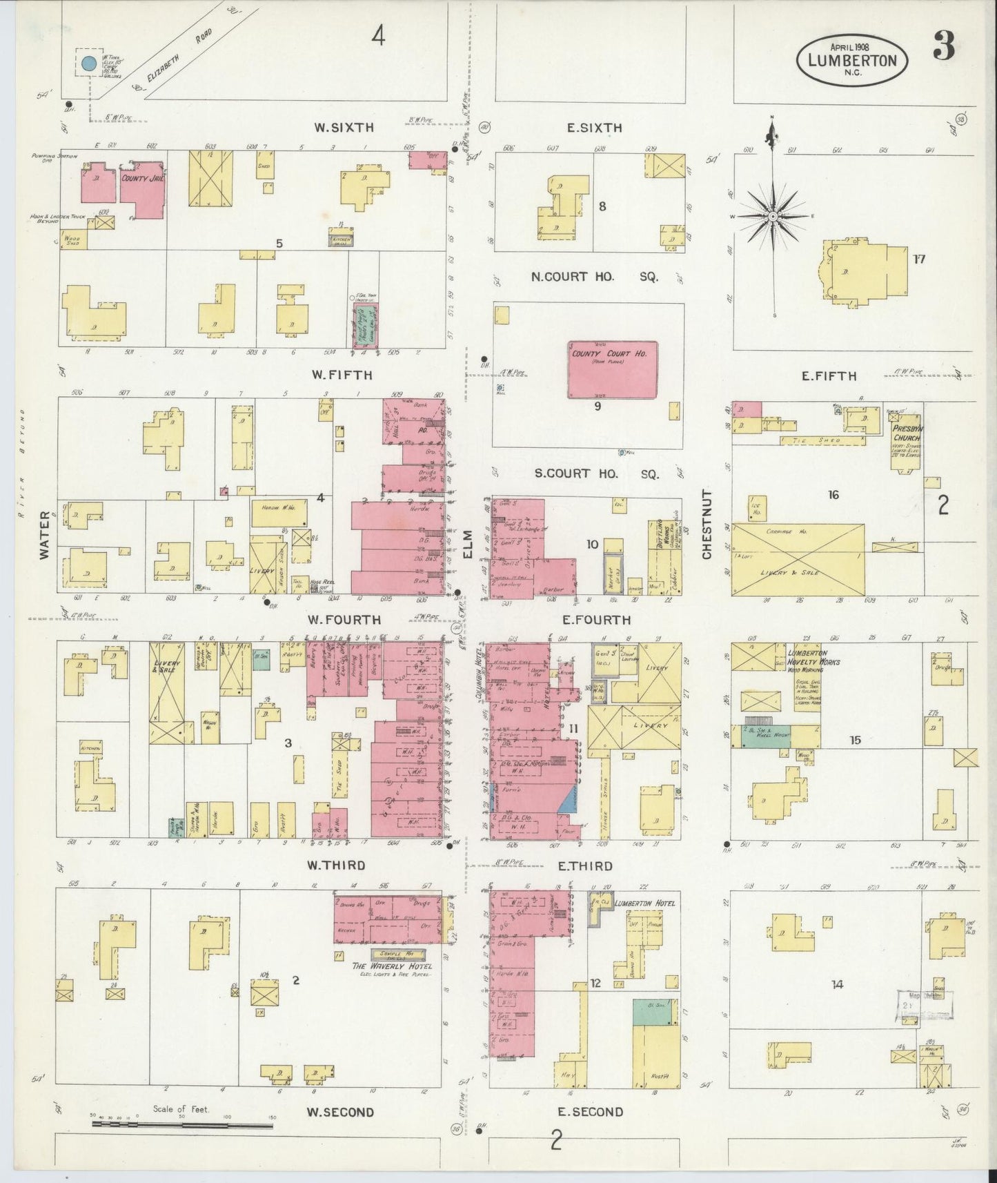 Sanborn Fire Insurance Map from Lumberton, Robeson County, North Carolina (1908), Sheet #0003 - Historic Sanborn Fire Insurance Map Print, vintage old map wall art, antique decor, genealogy gift, North Carolina North Carolina map