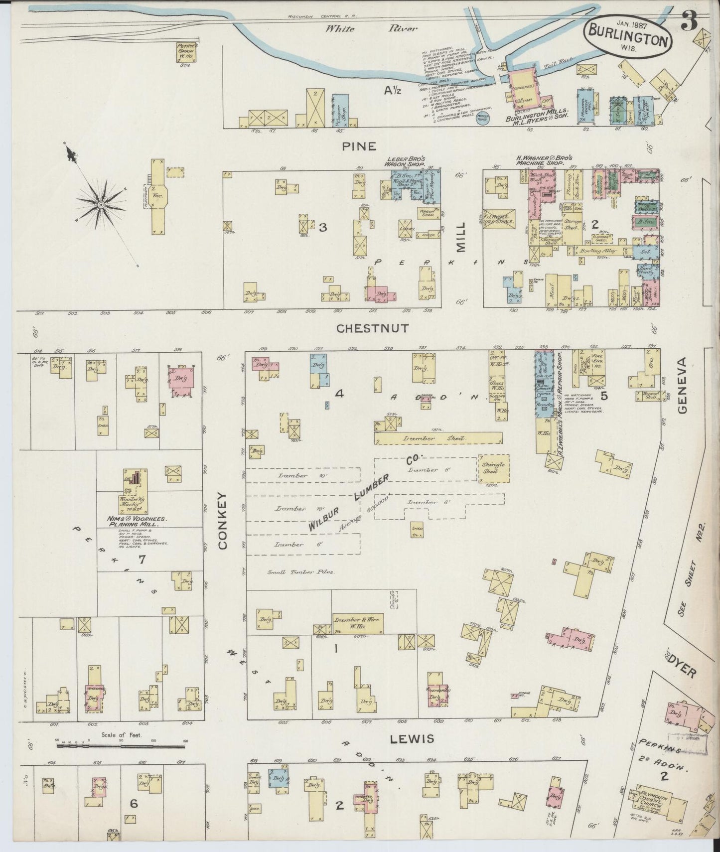 Sanborn Fire Insurance Map from Burlington, Racine County, Wisconsin (1887), Sheet #0003 - Historic Sanborn Fire Insurance Map Print, vintage old map wall art, antique decor, genealogy gift, Wisconsin Wisconsin map