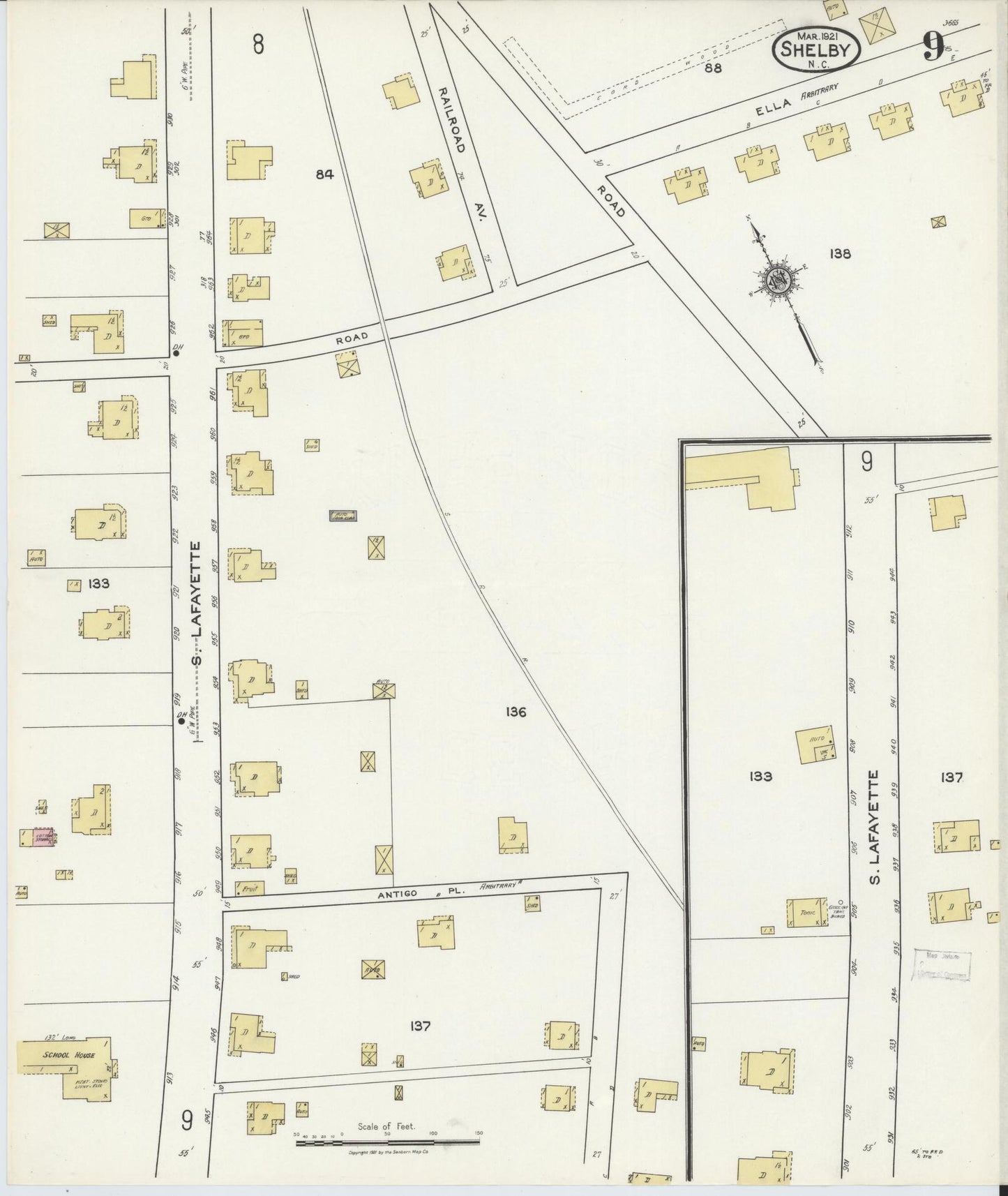 Sanborn Fire Insurance Map from Shelby, Cleveland County, North Carolina (1921), Sheet #0009 - Historic Sanborn Fire Insurance Map Print, vintage old map wall art, antique decor, genealogy gift, North Carolina North Carolina map