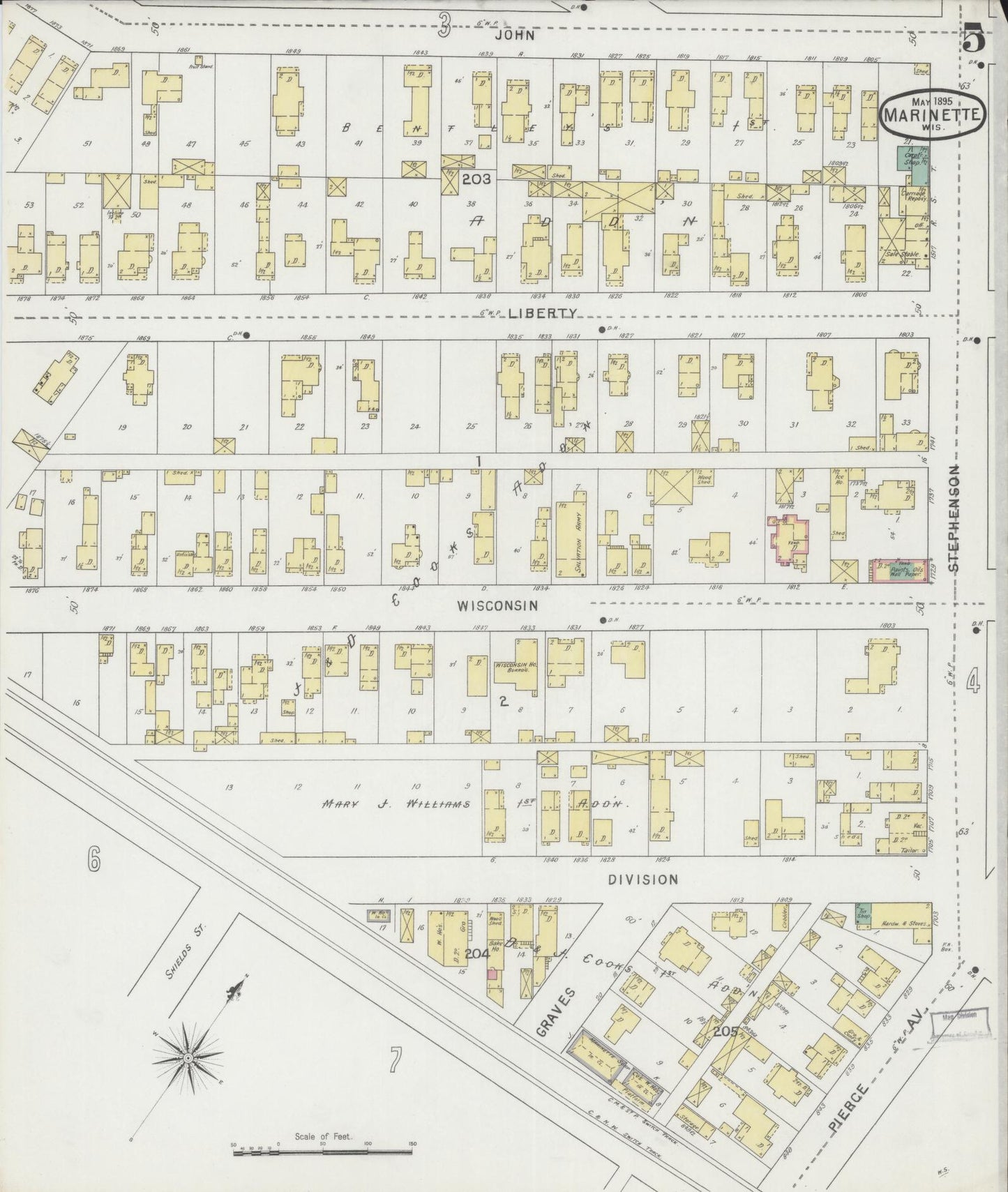 Sanborn Fire Insurance Map from Marinette, Marinette County, Wisconsin (1895), Sheet #0005 - Historic Sanborn Fire Insurance Map Print, vintage old map wall art, antique decor, genealogy gift, Wisconsin Wisconsin map