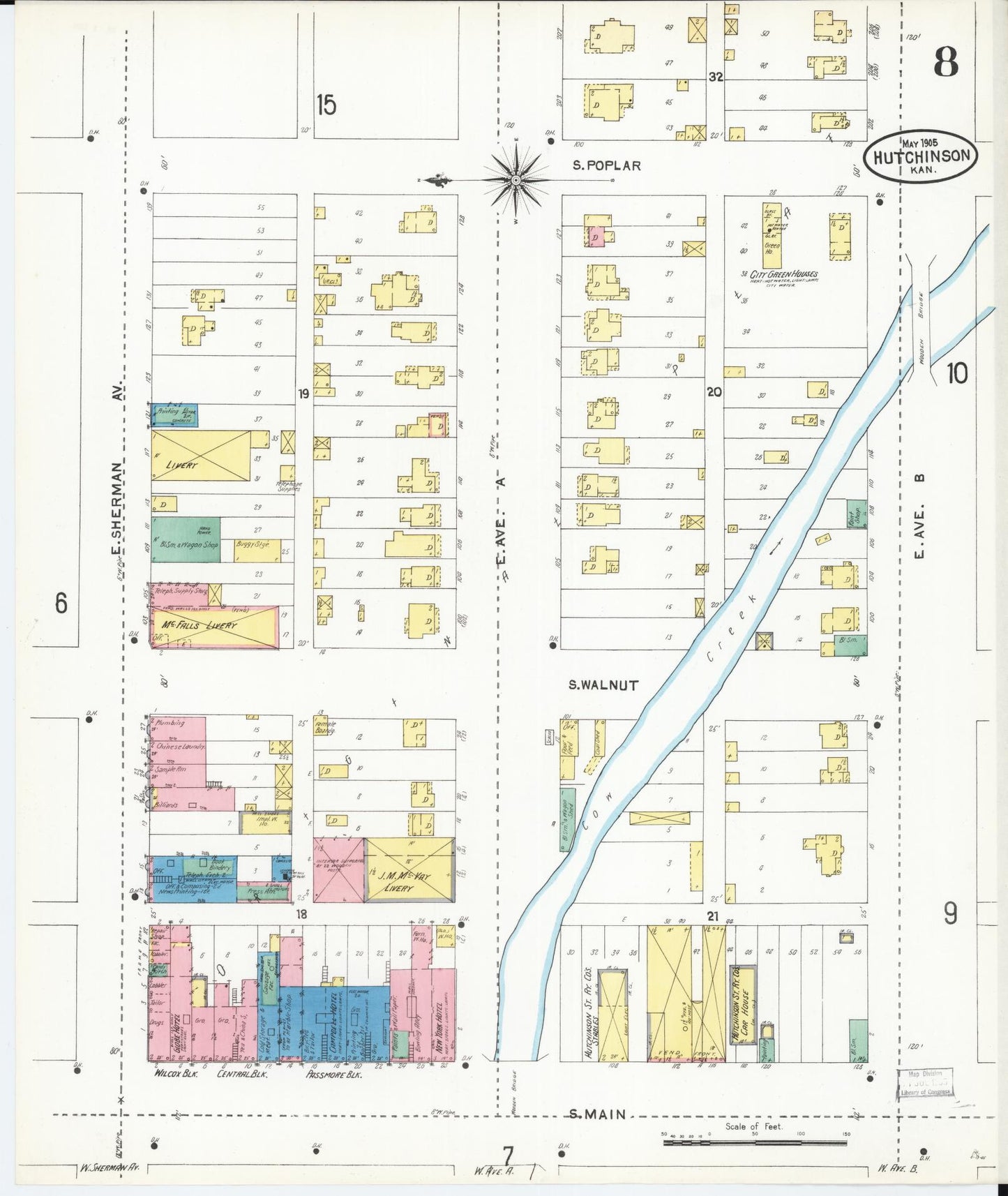 Sanborn Fire Insurance Map from Hutchinson, Reno County, Kansas (1905), Sheet #0008 - Historic Sanborn Fire Insurance Map Print, vintage old map wall art, antique decor, genealogy gift, Kansas Kansas map