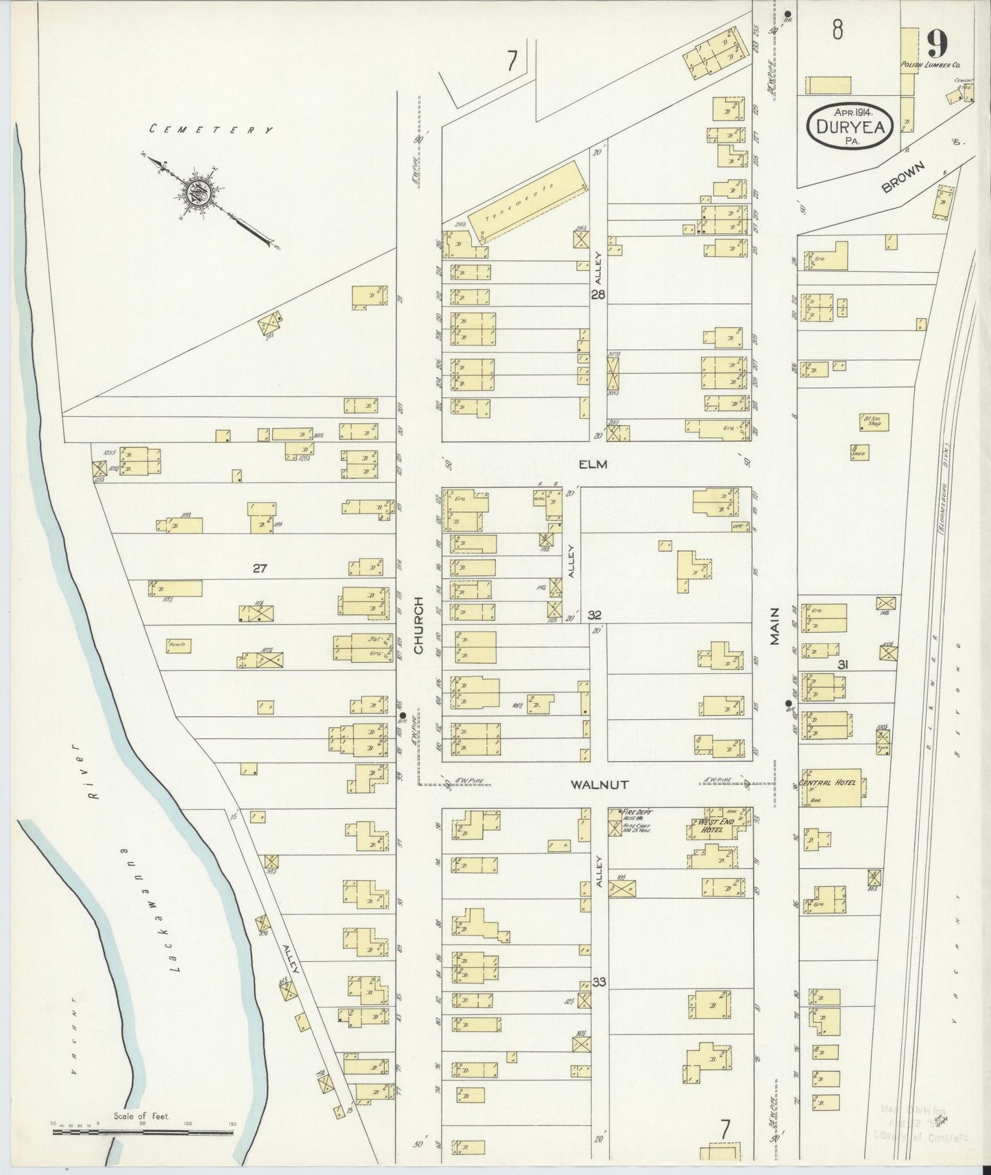 Sanborn Fire Insurance Map from Duryea, Luzerne County, Pennsylvania (1914), Sheet #0009 - Historic Sanborn Fire Insurance Map Print, vintage old map wall art, antique decor, genealogy gift, Pennsylvania Pennsylvania map