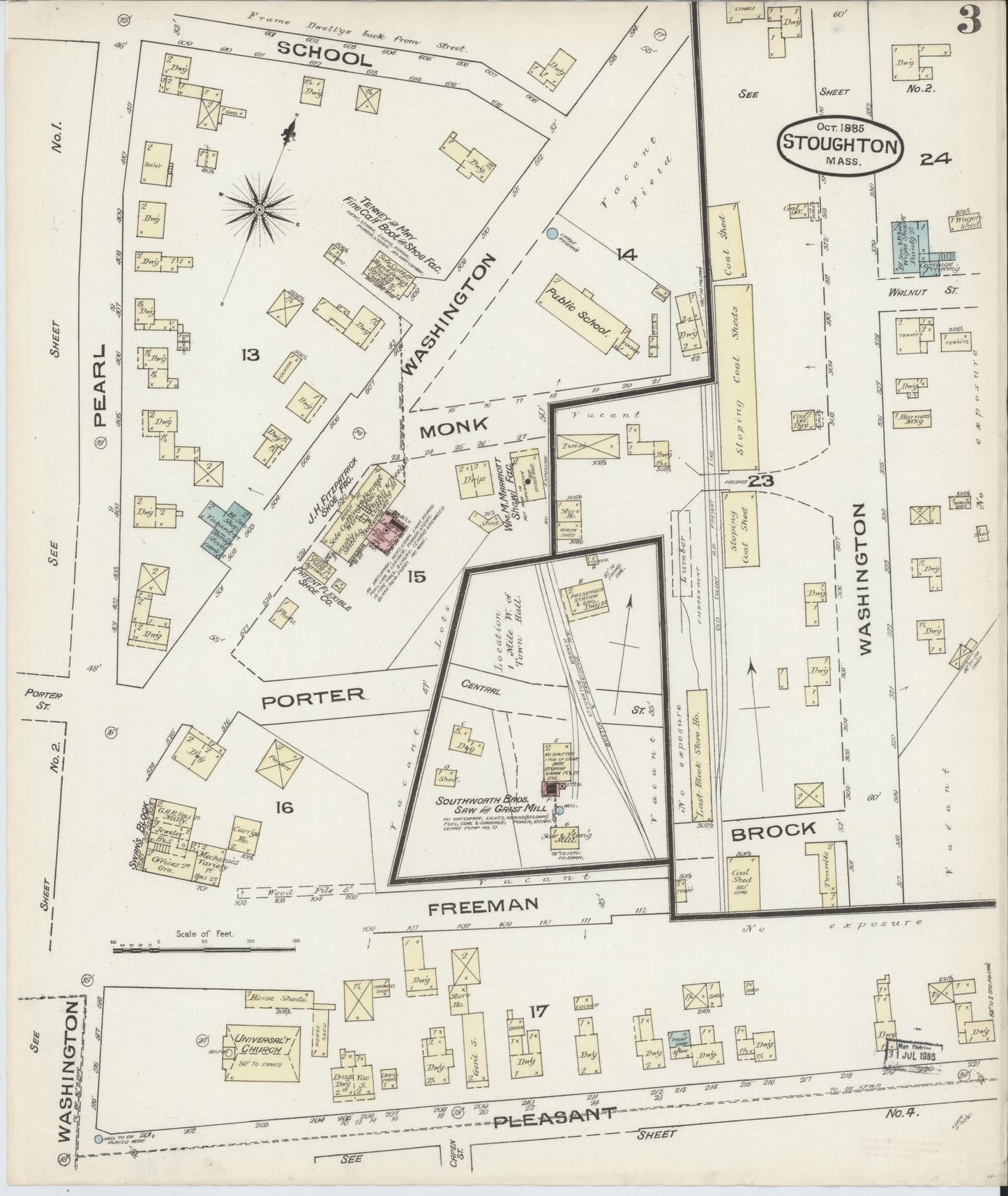 Sanborn Fire Insurance Map from Stoughton, Norfolk County, Massachusetts (1885), Sheet #0003 - Historic Sanborn Fire Insurance Map Print, vintage old map wall art, antique decor, genealogy gift, Massachusetts Massachusetts map