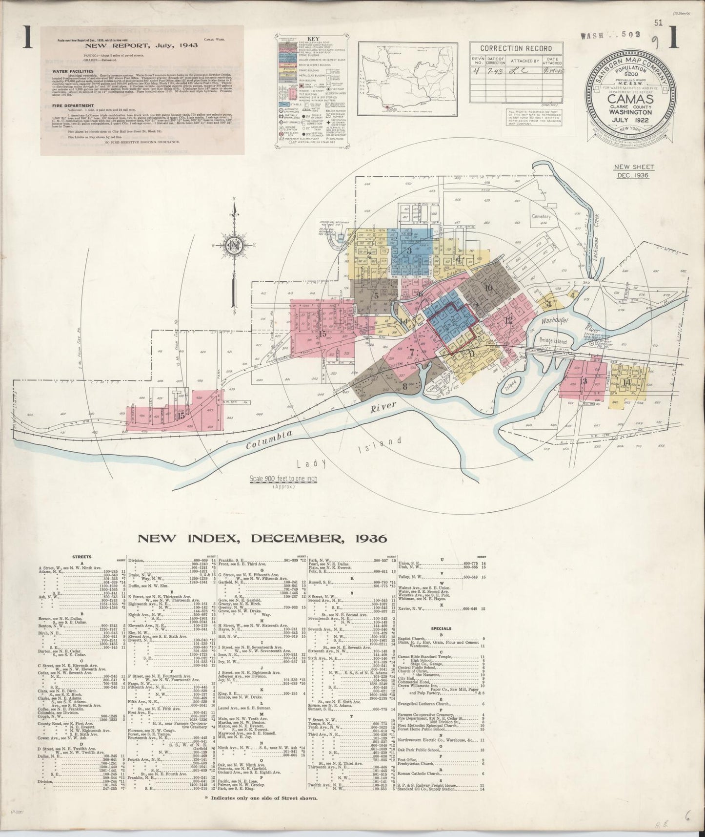 Sanborn Fire Insurance Map from Camas, Clark County, Washington (1943), Sheet #0001 - Historic Sanborn Fire Insurance Map Print, vintage old map wall art, antique decor, genealogy gift, Washington Washington map