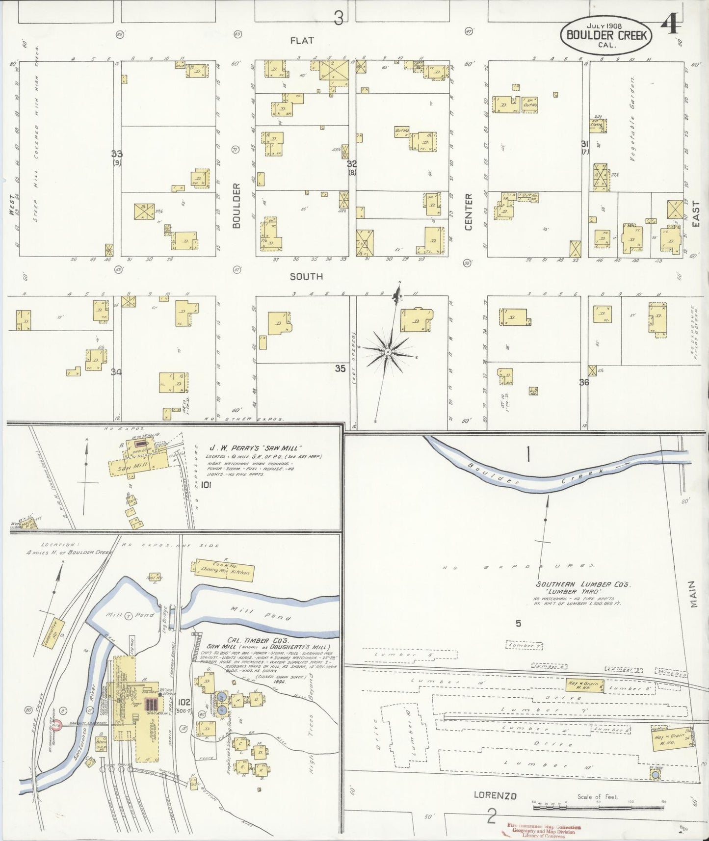 Sanborn Fire Insurance Map from Boulder Creek, Santa Cruz County, California (1908), Sheet #0004 - Historic Sanborn Fire Insurance Map Print, vintage old map wall art, antique decor, genealogy gift, California California map