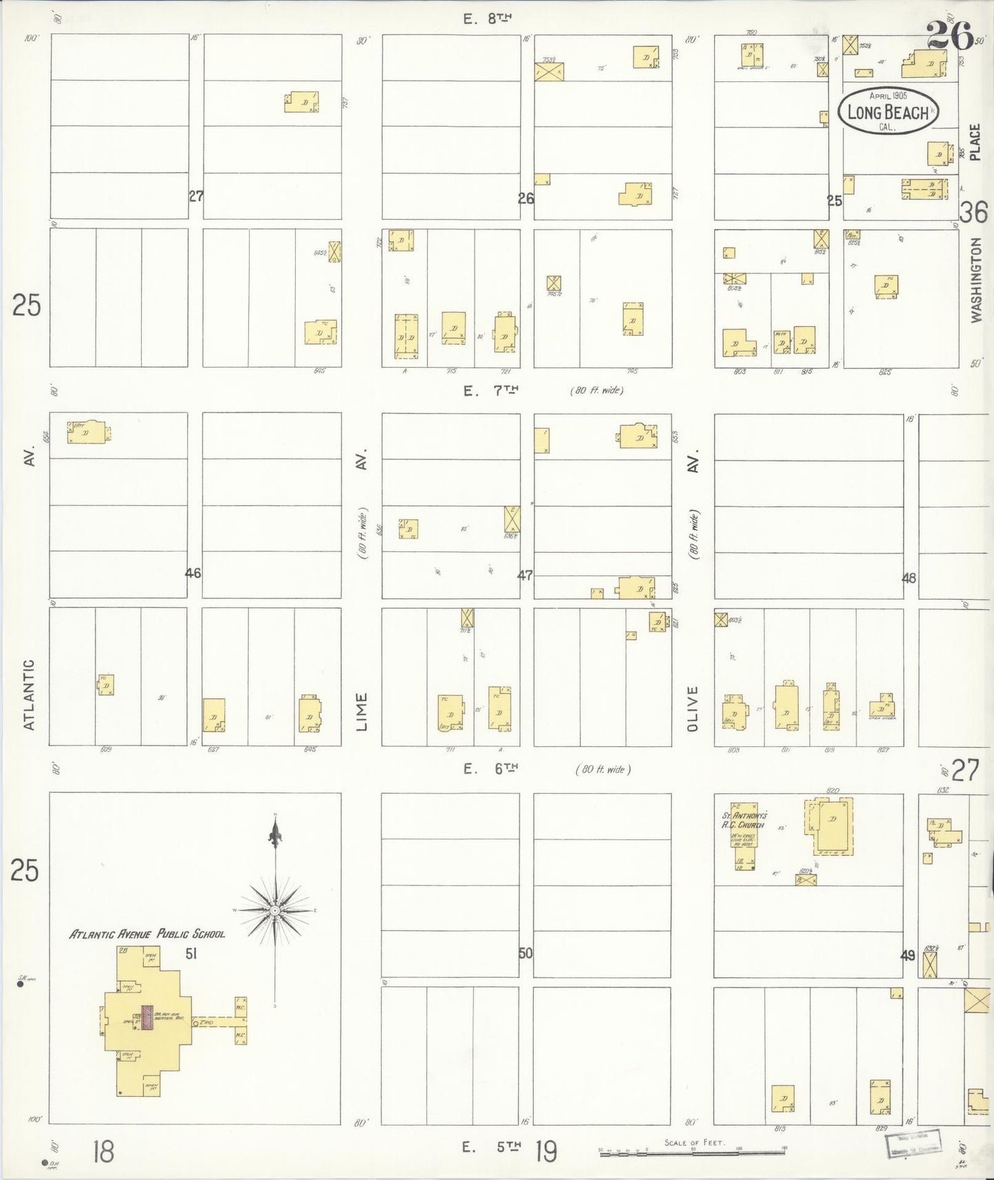 Sanborn Fire Insurance Map from Long Beach, Los Angeles County, California (1905), Sheet #0026 - Historic Sanborn Fire Insurance Map Print, vintage old map wall art, antique decor, genealogy gift, California California map