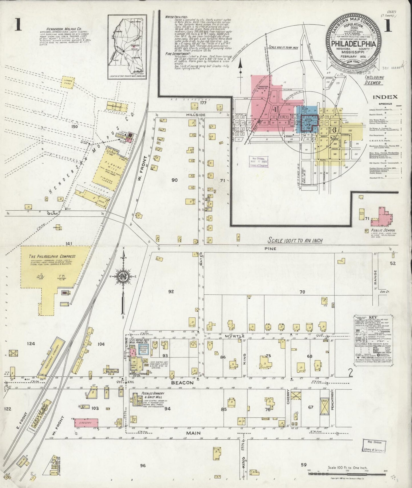 Sanborn Fire Insurance Map from Philadelphia, Neshoba County, Mississippi (1926), Sheet #0001 - Historic Sanborn Fire Insurance Map Print, vintage old map wall art, antique decor, genealogy gift, Mississippi Mississippi map