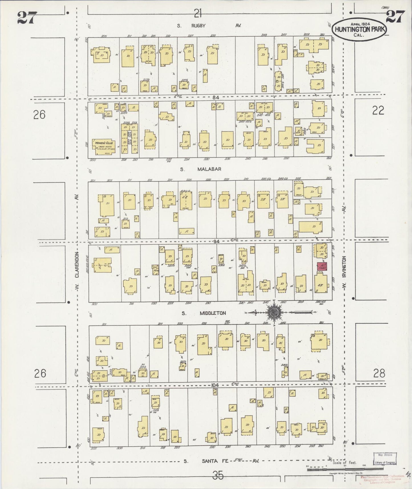 Sanborn Fire Insurance Map from Huntington Park, Los Angeles County, California (1924), Sheet #0027 - Historic Sanborn Fire Insurance Map Print, vintage old map wall art, antique decor, genealogy gift, California California map