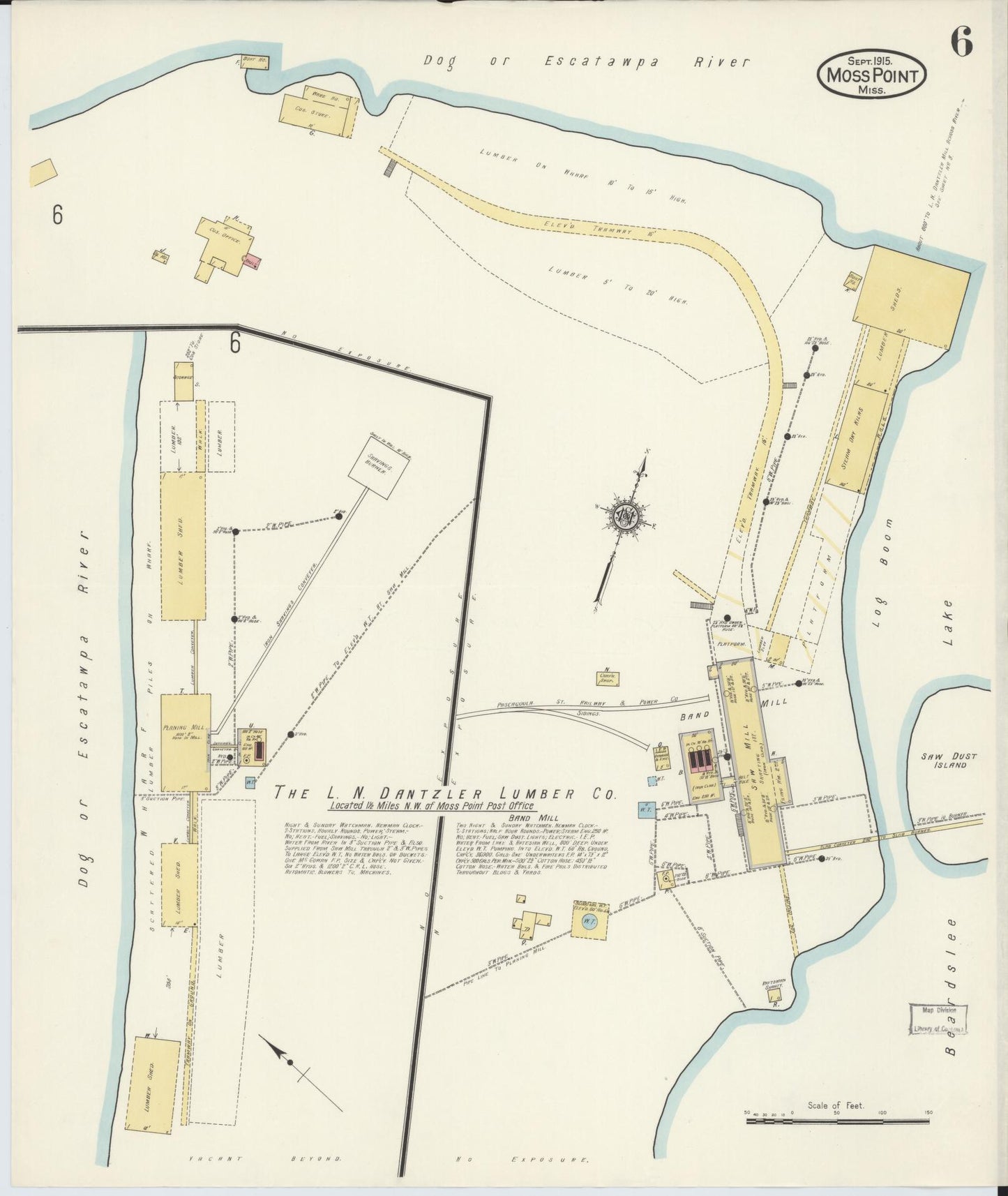 Sanborn Fire Insurance Map from Moss Point, Jackson County, Mississippi (1915), Sheet #0006 - Historic Sanborn Fire Insurance Map Print, vintage old map wall art, antique decor, genealogy gift, Mississippi Mississippi map