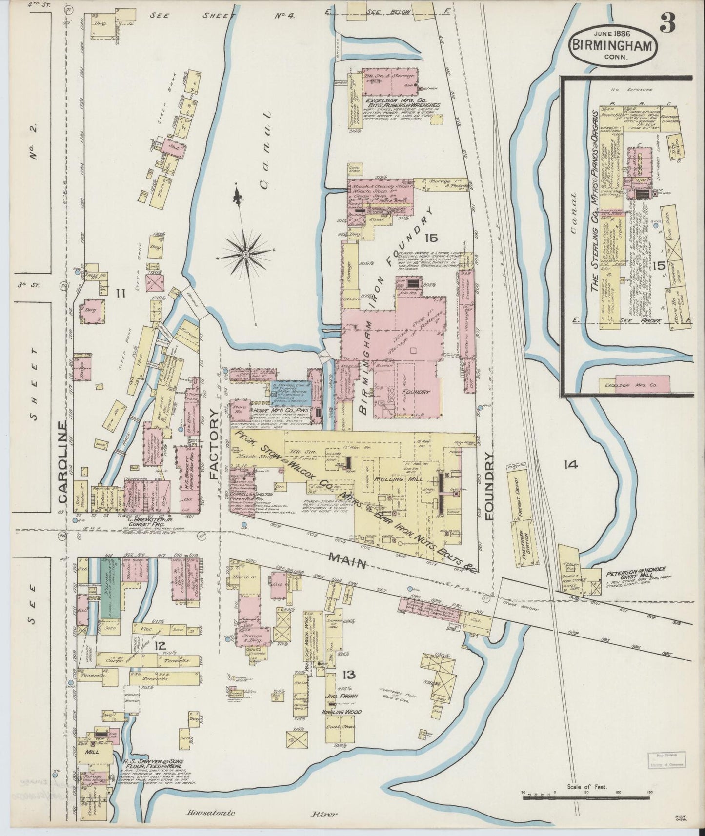 Sanborn Fire Insurance Map from Birmingham, New Haven County, Connecticut (1886), Sheet #0003 - Historic Sanborn Fire Insurance Map Print, vintage old map wall art, antique decor, genealogy gift, Connecticut Connecticut map