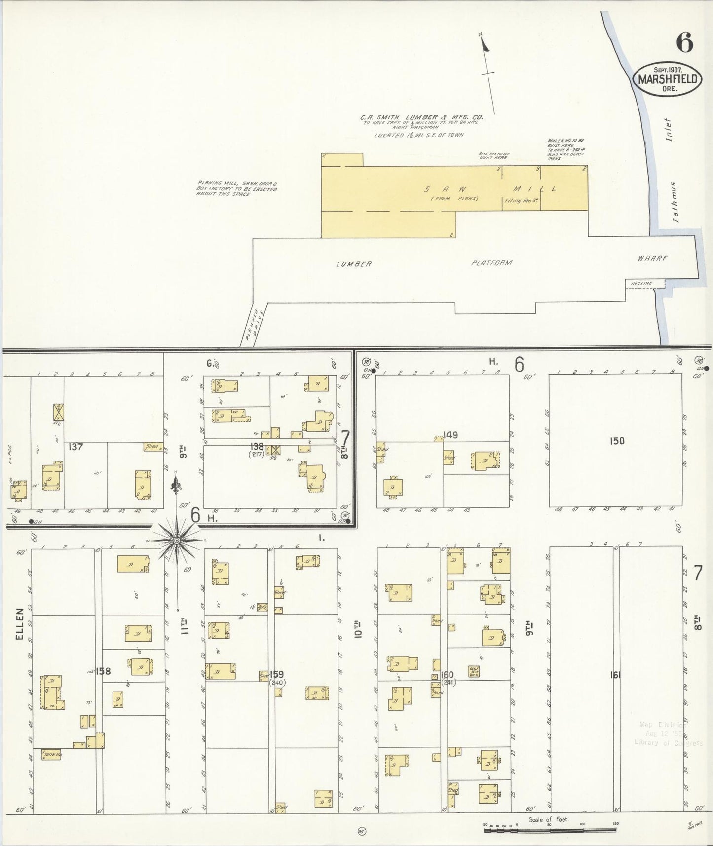 Sanborn Fire Insurance Map from Marshfield, Coos County, Oregon (1907), Sheet #0006 - Historic Sanborn Fire Insurance Map Print, vintage old map wall art, antique decor, genealogy gift, Oregon Oregon map