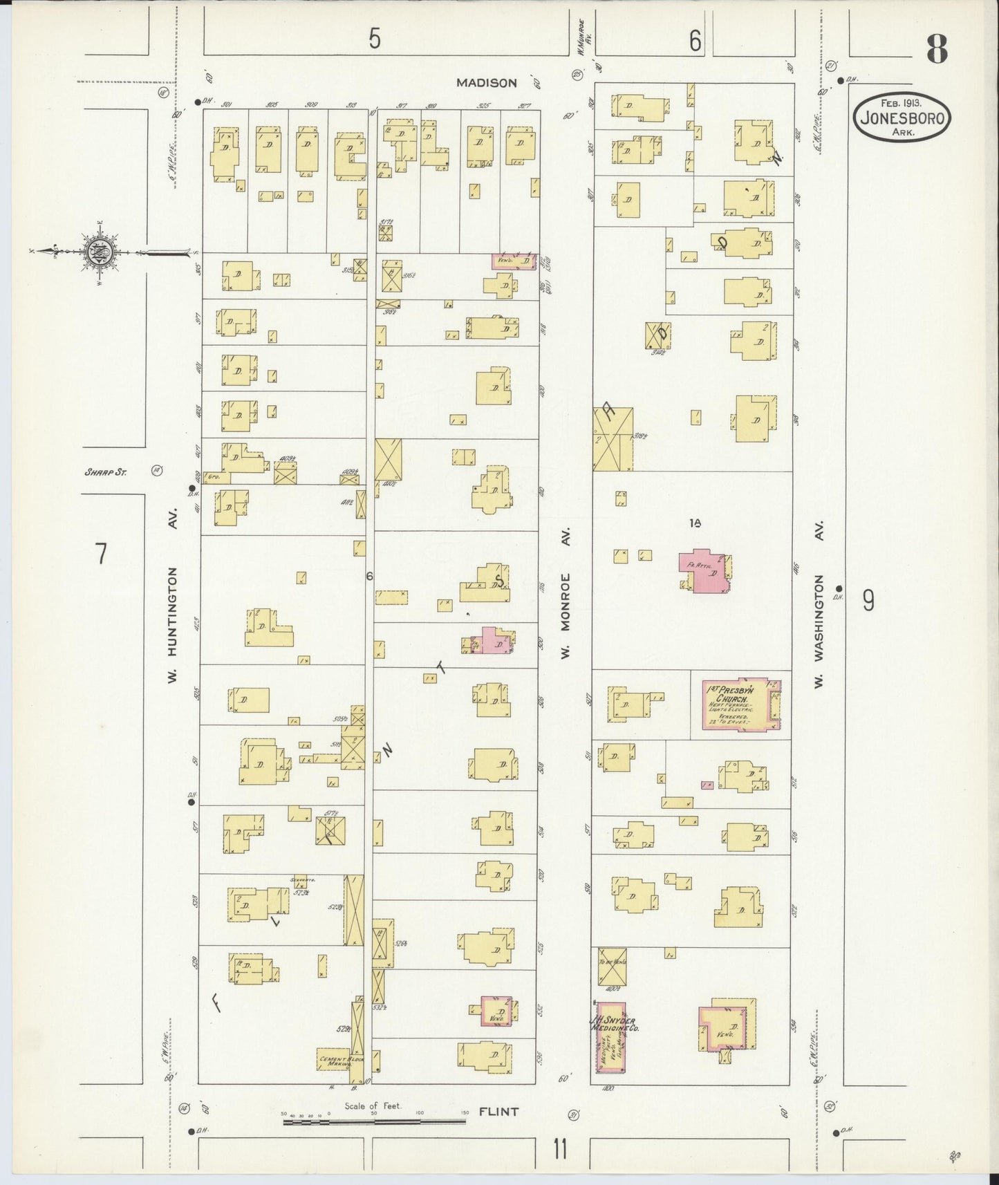Sanborn Fire Insurance Map from Jonesboro, Craighead County, Arkansas (1913), Sheet #0008 - Historic Sanborn Fire Insurance Map Print, vintage old map wall art, antique decor, genealogy gift, Arkansas Arkansas map