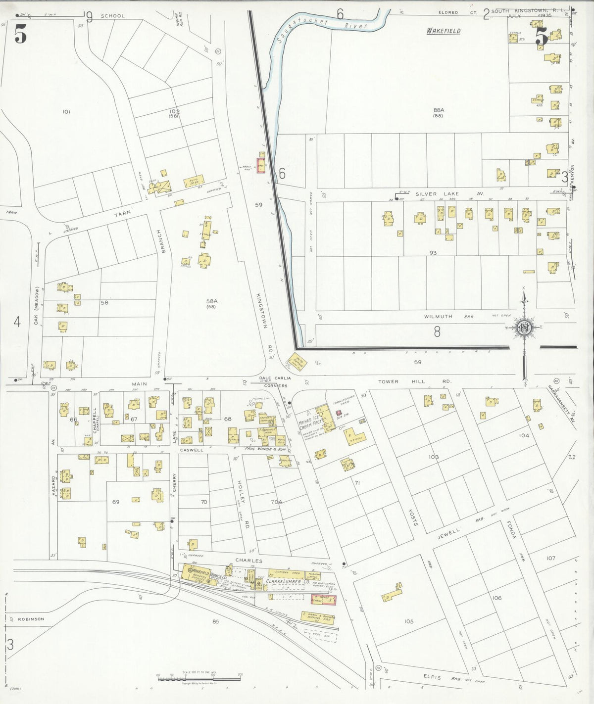 Sanborn Fire Insurance Map from South Kingstown, Washington County, Rhode Island (1935), Sheet #0005 - Historic Sanborn Fire Insurance Map Print, vintage old map wall art, antique decor, genealogy gift, Rhode Island Rhode Island map