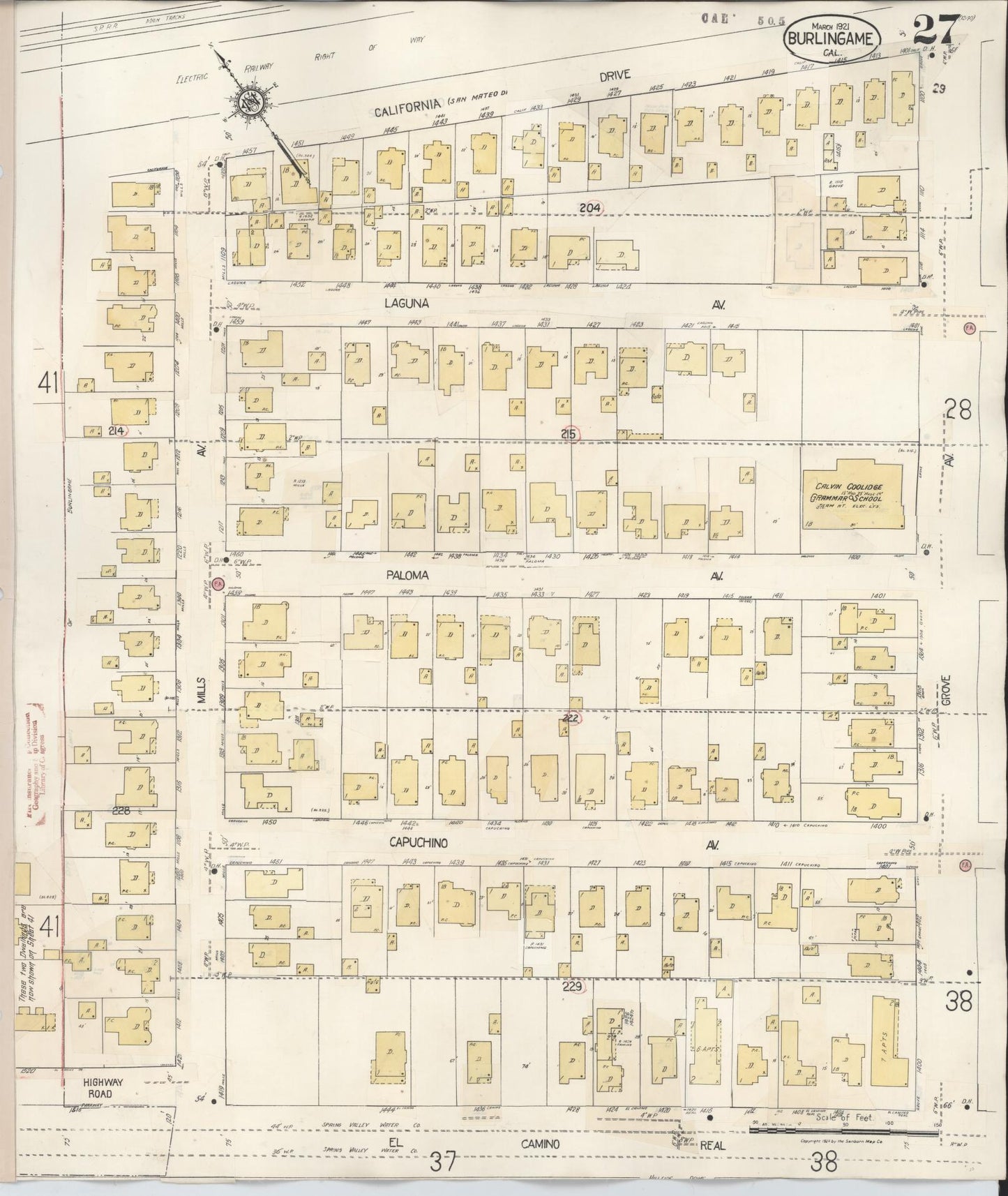 Sanborn Fire Insurance Map from Burlingame, San Mateo County, California (1949), Sheet #0027 - Historic Sanborn Fire Insurance Map Print, vintage old map wall art, antique decor, genealogy gift, California California map