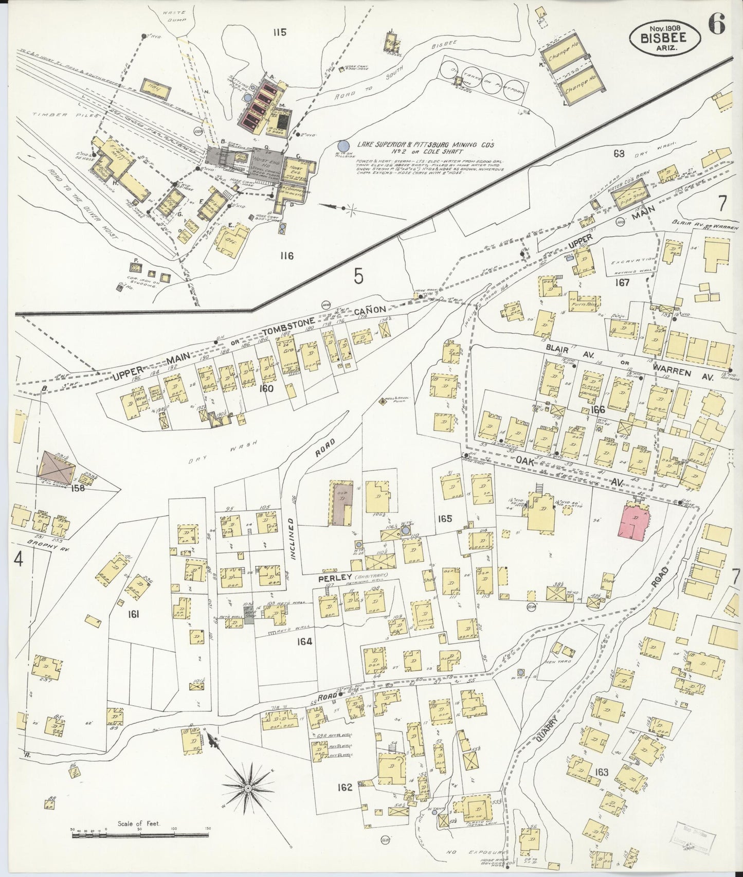 Sanborn Fire Insurance Map from Bisbee, Cochise County, Arizona (1908), Sheet #0006 - Historic Sanborn Fire Insurance Map Print, vintage old map wall art, antique decor, genealogy gift, Arizona Arizona map