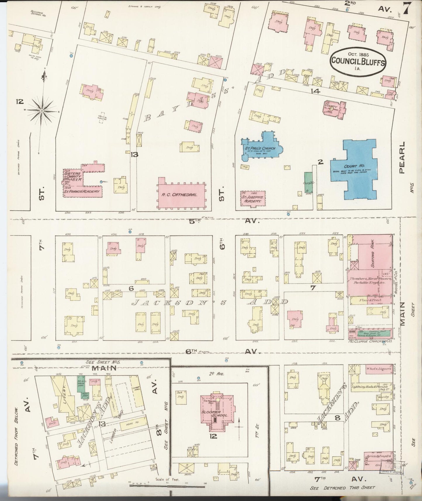 Sanborn Fire Insurance Map from Council Bluffs, Pottawattamie County, Iowa (1885), Sheet #0007 - Historic Sanborn Fire Insurance Map Print, vintage old map wall art