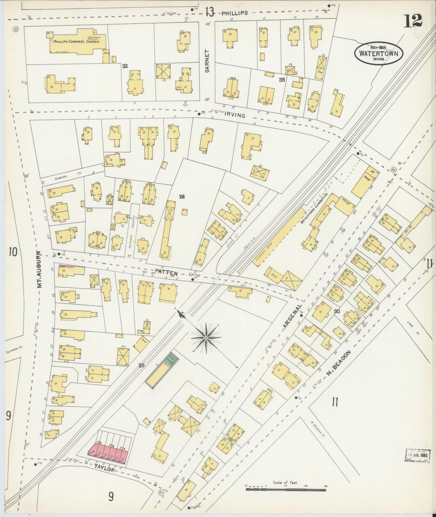 Sanborn Fire Insurance Map from Watertown, Middlesex County, Massachusetts (1904), Sheet #0012 - Historic Sanborn Fire Insurance Map Print, vintage old map wall art, antique decor, genealogy gift, Massachusetts Massachusetts map