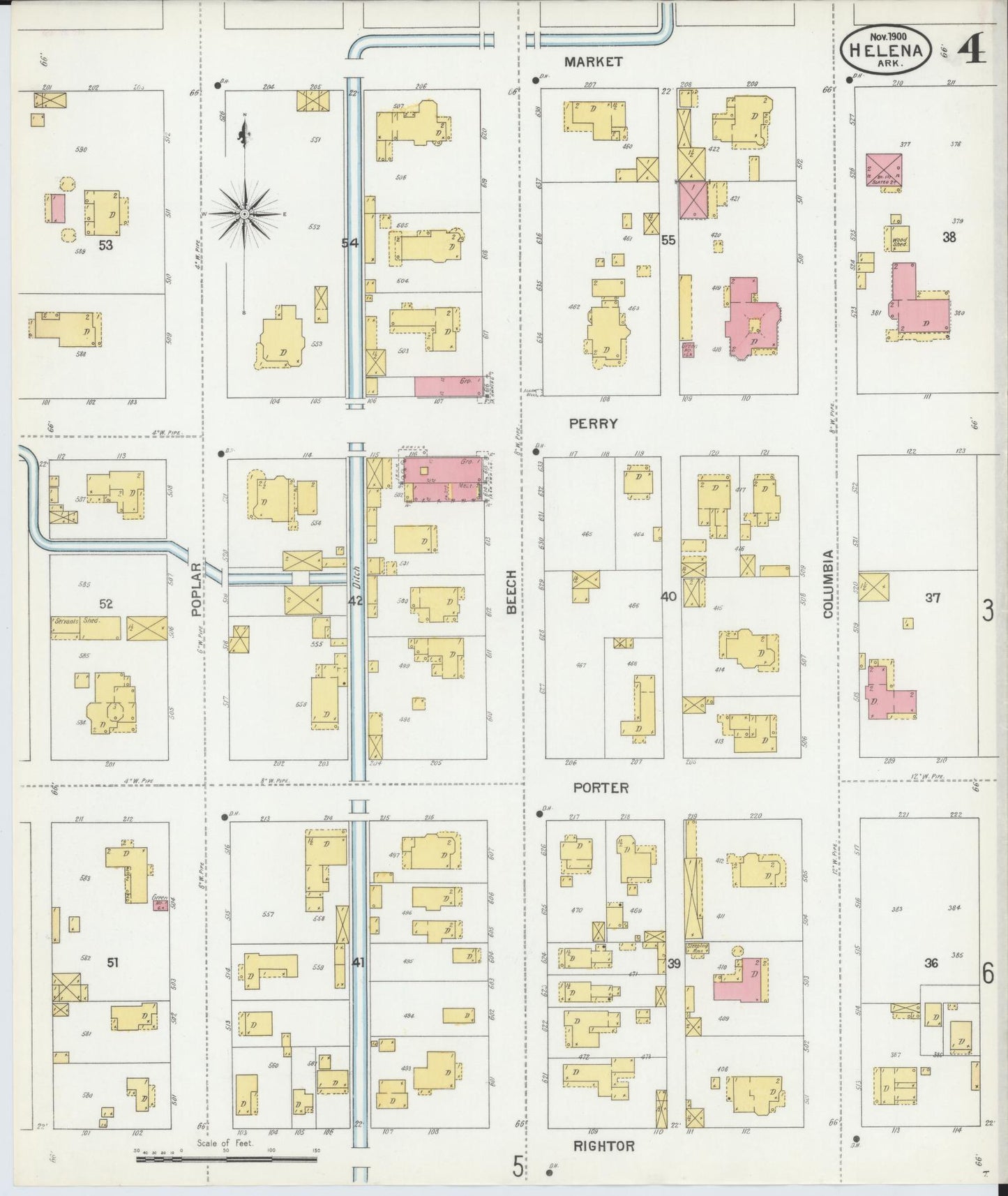 Sanborn Fire Insurance Map from Helena, Phillips County, Arkansas (1900), Sheet #0004 - Historic Sanborn Fire Insurance Map Print, vintage old map wall art, antique decor, genealogy gift, Arkansas Arkansas map