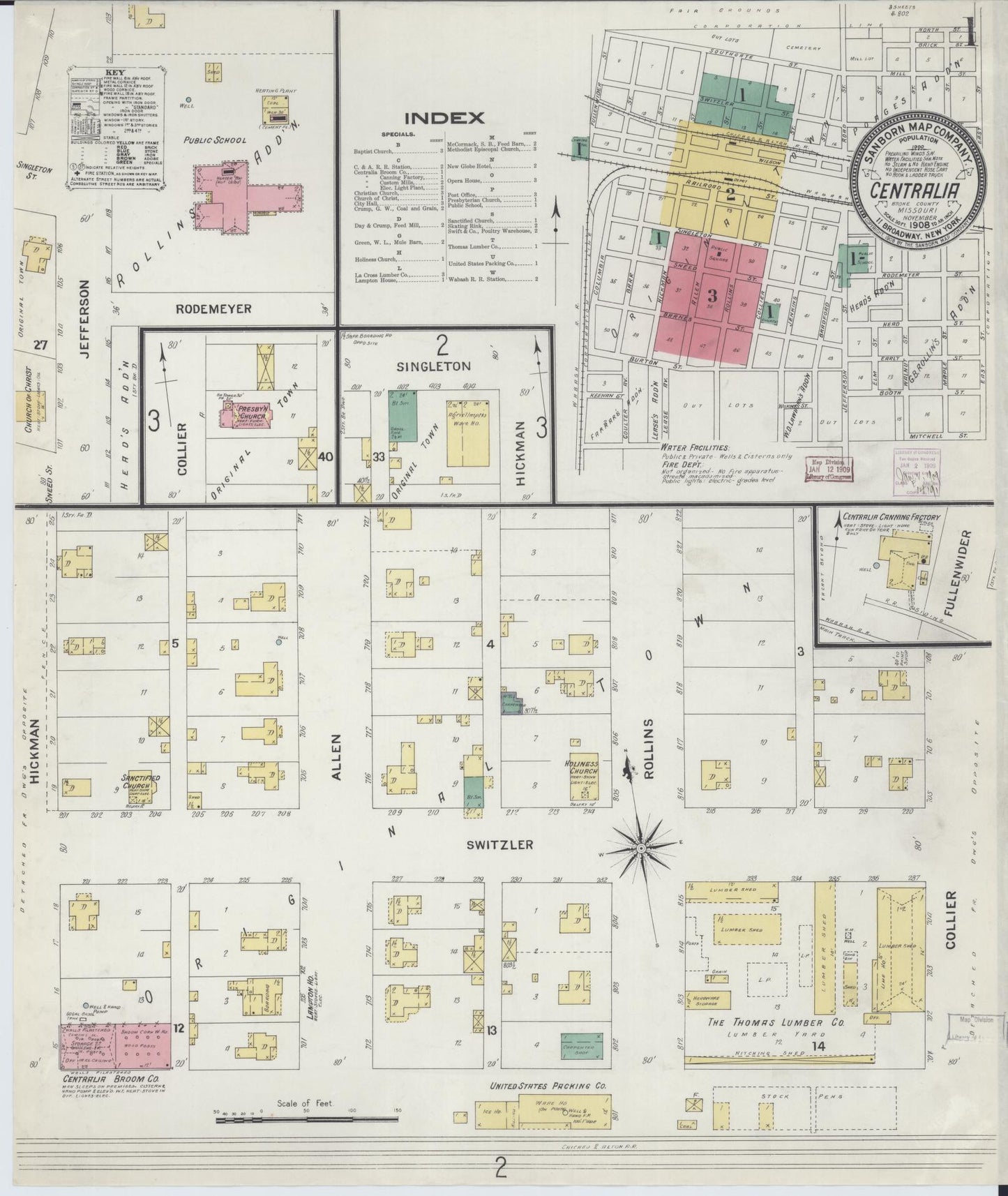 Sanborn Fire Insurance Map from Centralia, Boone County, Missouri (1908), Sheet #0001 - Historic Sanborn Fire Insurance Map Print, vintage old map wall art, antique decor, genealogy gift, Missouri Missouri map