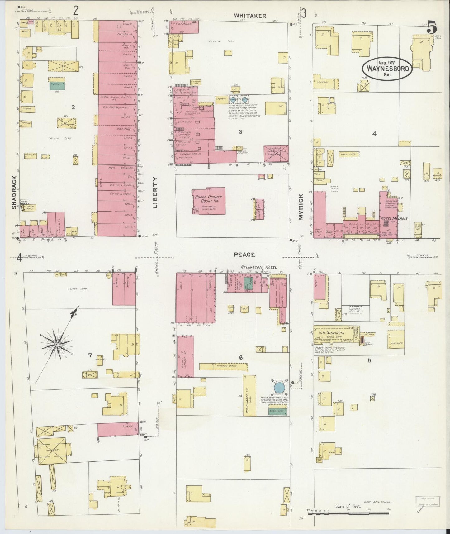 Sanborn Fire Insurance Map from Waynesboro, Burke County, Georgia (1907), Sheet #0005 - Historic Sanborn Fire Insurance Map Print, vintage old map wall art, antique decor, genealogy gift, Georgia Georgia map