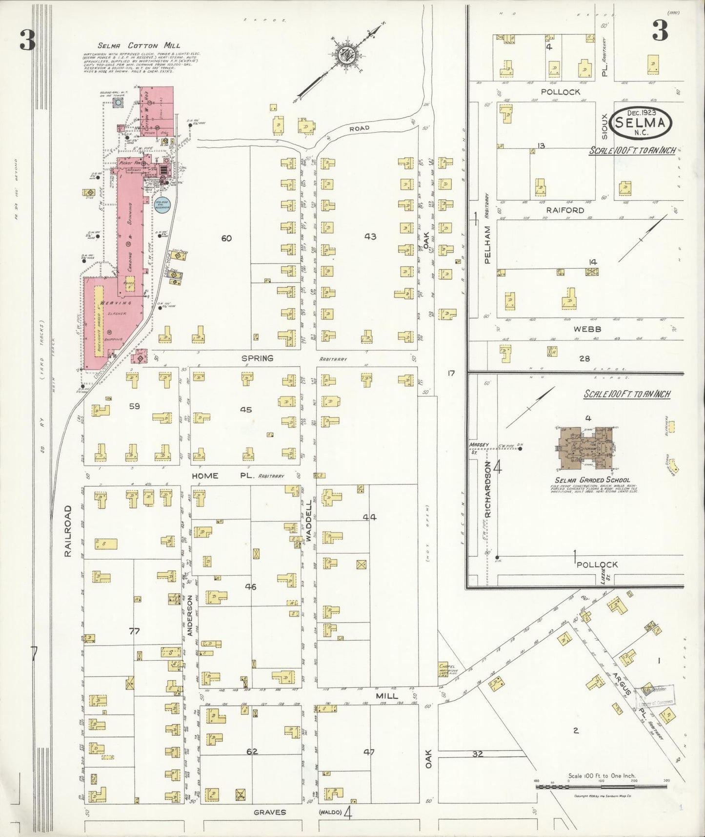 Sanborn Fire Insurance Map from Selma, Johnston County, North Carolina (1923), Sheet #0003 - Historic Sanborn Fire Insurance Map Print, vintage old map wall art, antique decor, genealogy gift, North Carolina North Carolina map