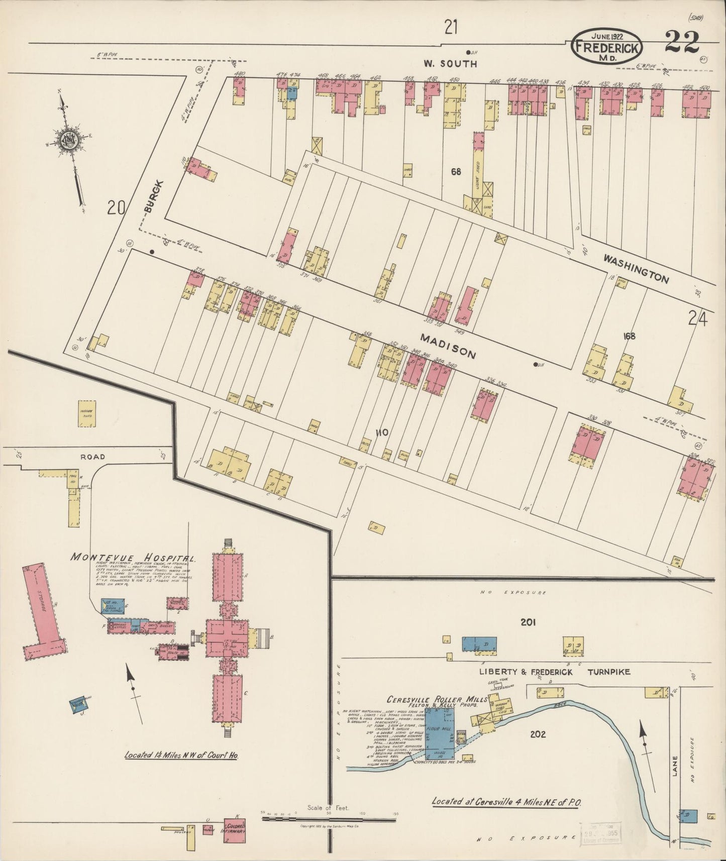 Sanborn Fire Insurance Map from Frederick, Frederick County, Maryland (1922), Sheet #0022 - Historic Sanborn Fire Insurance Map Print, vintage old map wall art