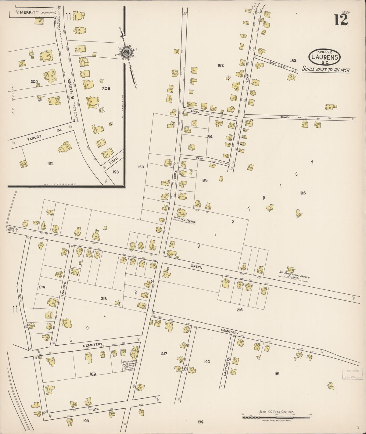 Sanborn Fire Insurance Map from Laurens, Laurens County, South Carolina (1922), Sheet #0012 - Historic Sanborn Fire Insurance Map Print, vintage old map wall art, antique decor, genealogy gift, South Carolina South Carolina map