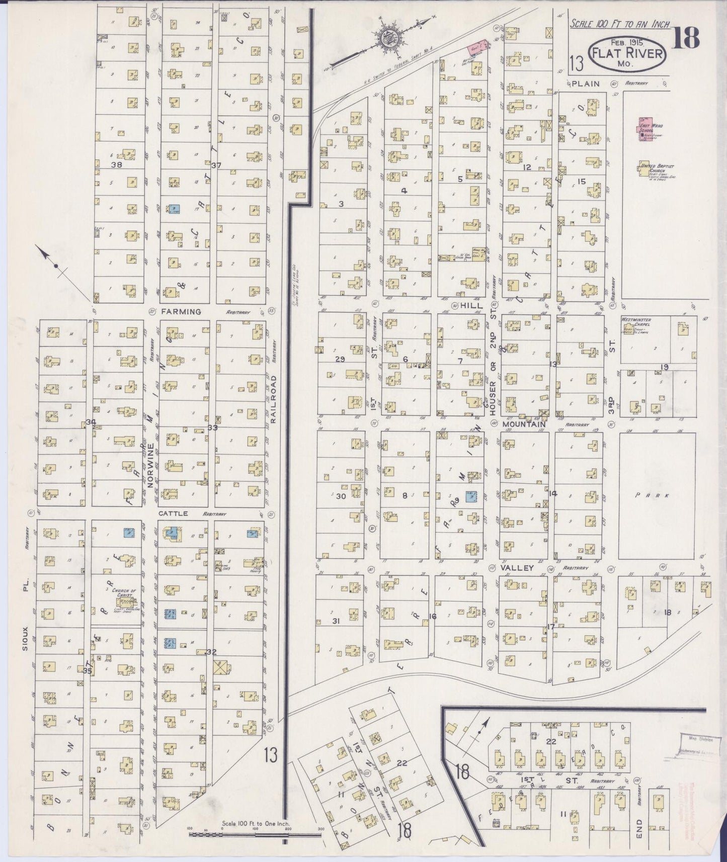Sanborn Fire Insurance Map from Flat River, Saint Francois County, Missouri (1915), Sheet #0018 - Historic Sanborn Fire Insurance Map Print, vintage old map wall art, antique decor, genealogy gift, Missouri Missouri map