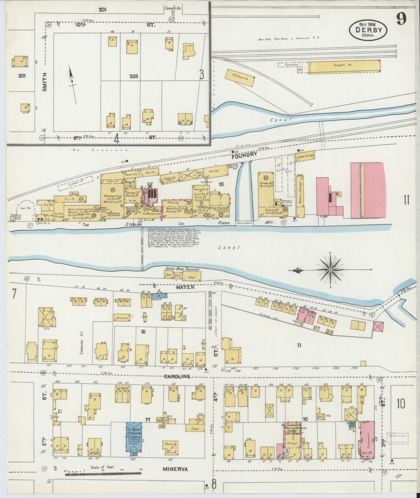 Sanborn Fire Insurance Map from Derby, New Haven County, Connecticut (1906), Sheet #0009 - Historic Sanborn Fire Insurance Map Print, vintage old map wall art, antique decor, genealogy gift, Connecticut Connecticut map