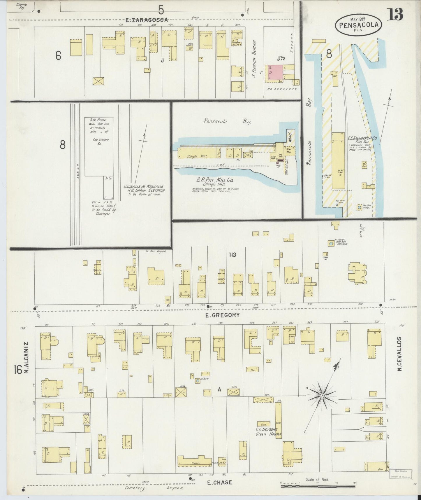 Sanborn Fire Insurance Map from Pensacola, Escambia County, Florida (1897), Sheet #0013 - Historic Sanborn Fire Insurance Map Print, vintage old map wall art, antique decor, genealogy gift, Florida Florida map