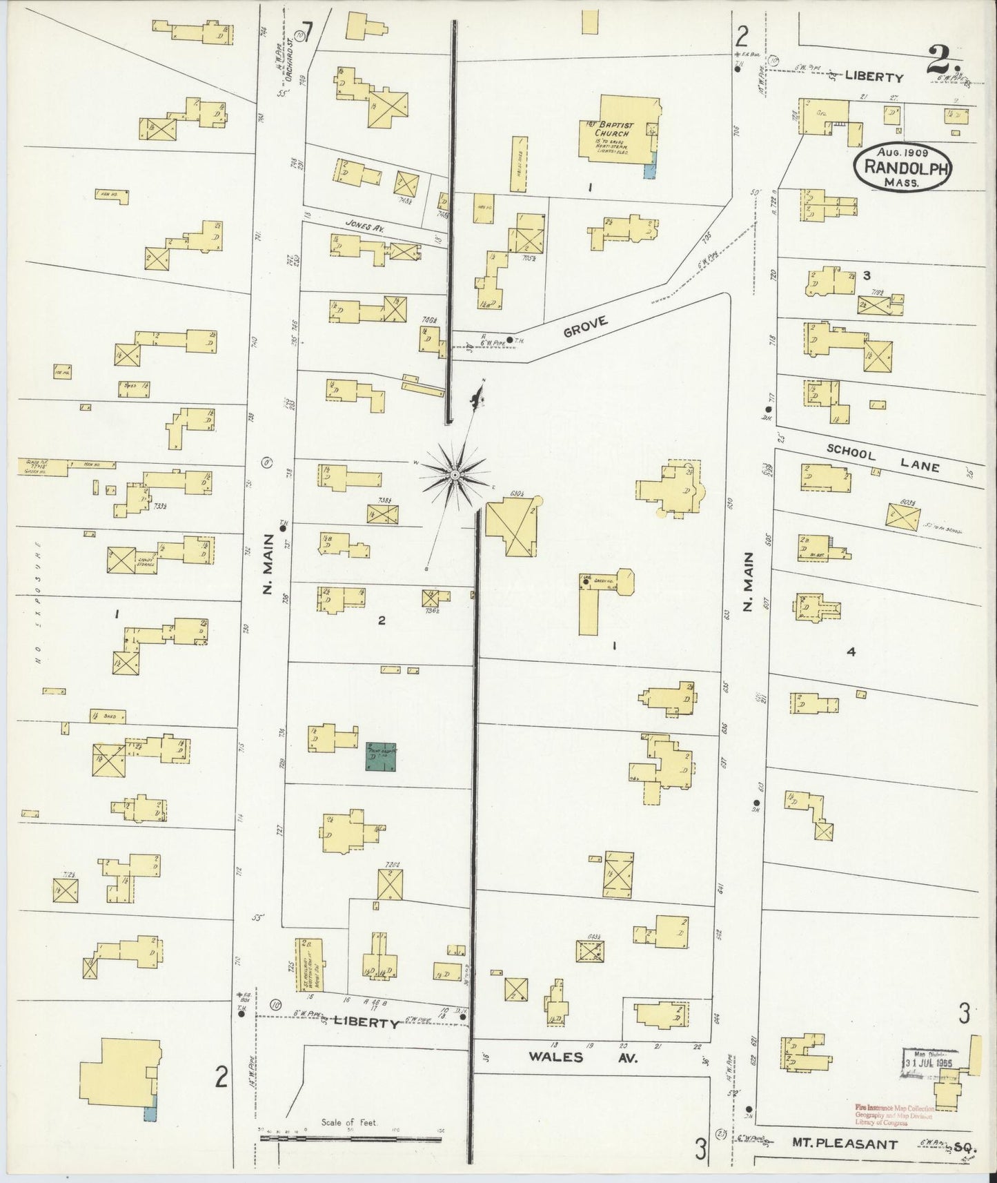 Sanborn Fire Insurance Map from Randolph, Norfolk County, Massachusetts (1909), Sheet #0002 - Historic Sanborn Fire Insurance Map Print, vintage old map wall art, antique decor, genealogy gift, Massachusetts Massachusetts map