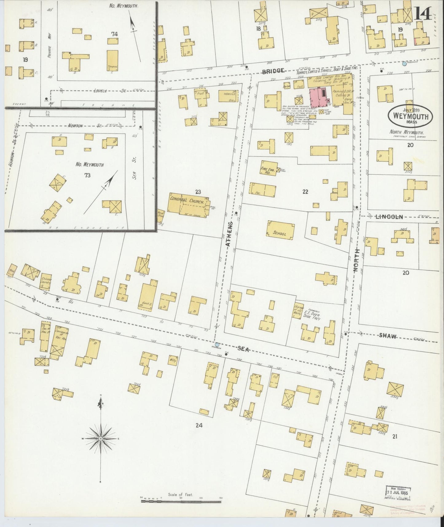 Sanborn Fire Insurance Map from Weymouth, Norfolk County, Massachusetts (1899), Sheet #0014 - Historic Sanborn Fire Insurance Map Print, vintage old map wall art, antique decor, genealogy gift, Massachusetts Massachusetts map